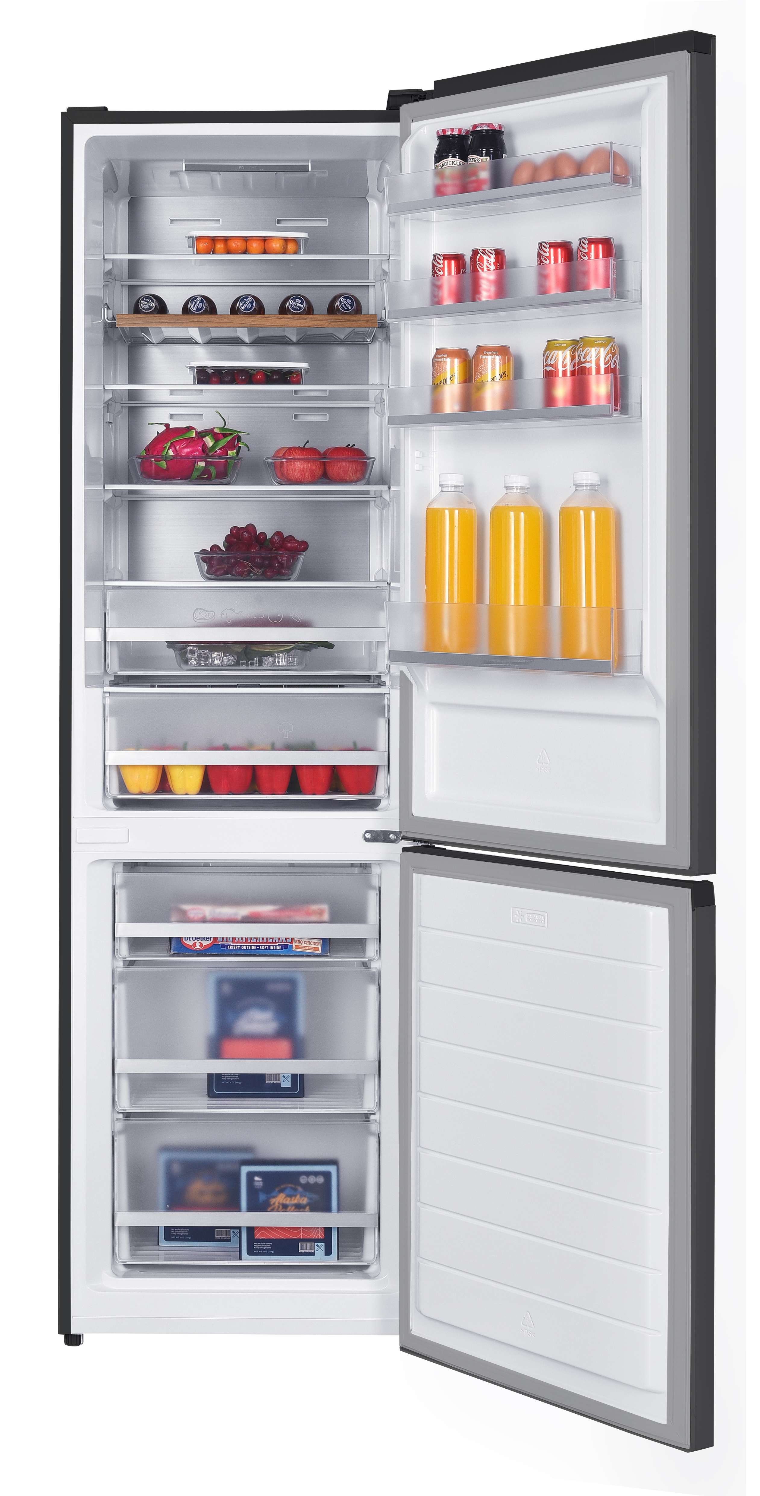 An open refrigerator filled with shelves of food, produce drawers, and drinks on the door.