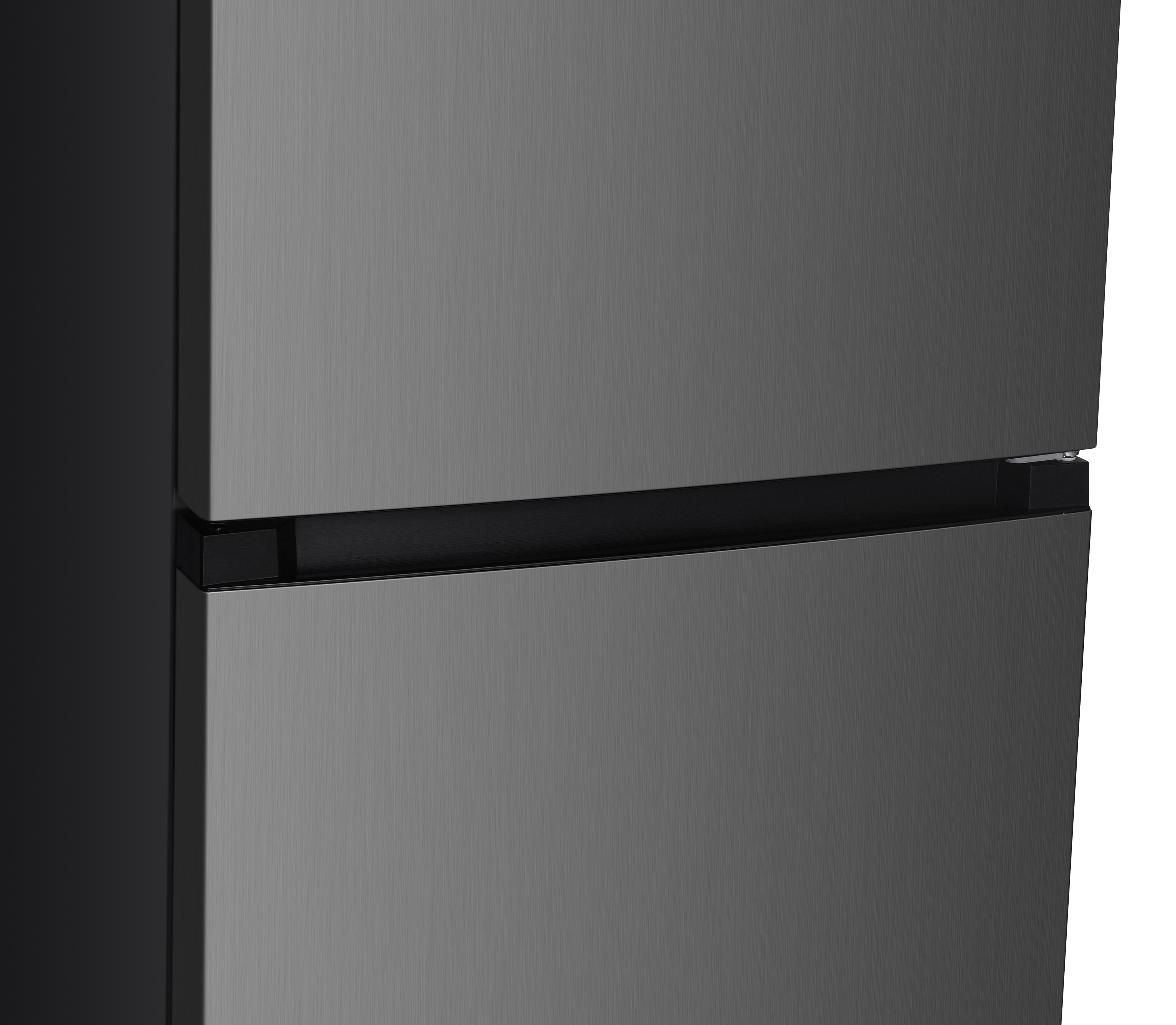 Close-up of a modern refrigerator's brushed gray metal door with an integrated black handle.