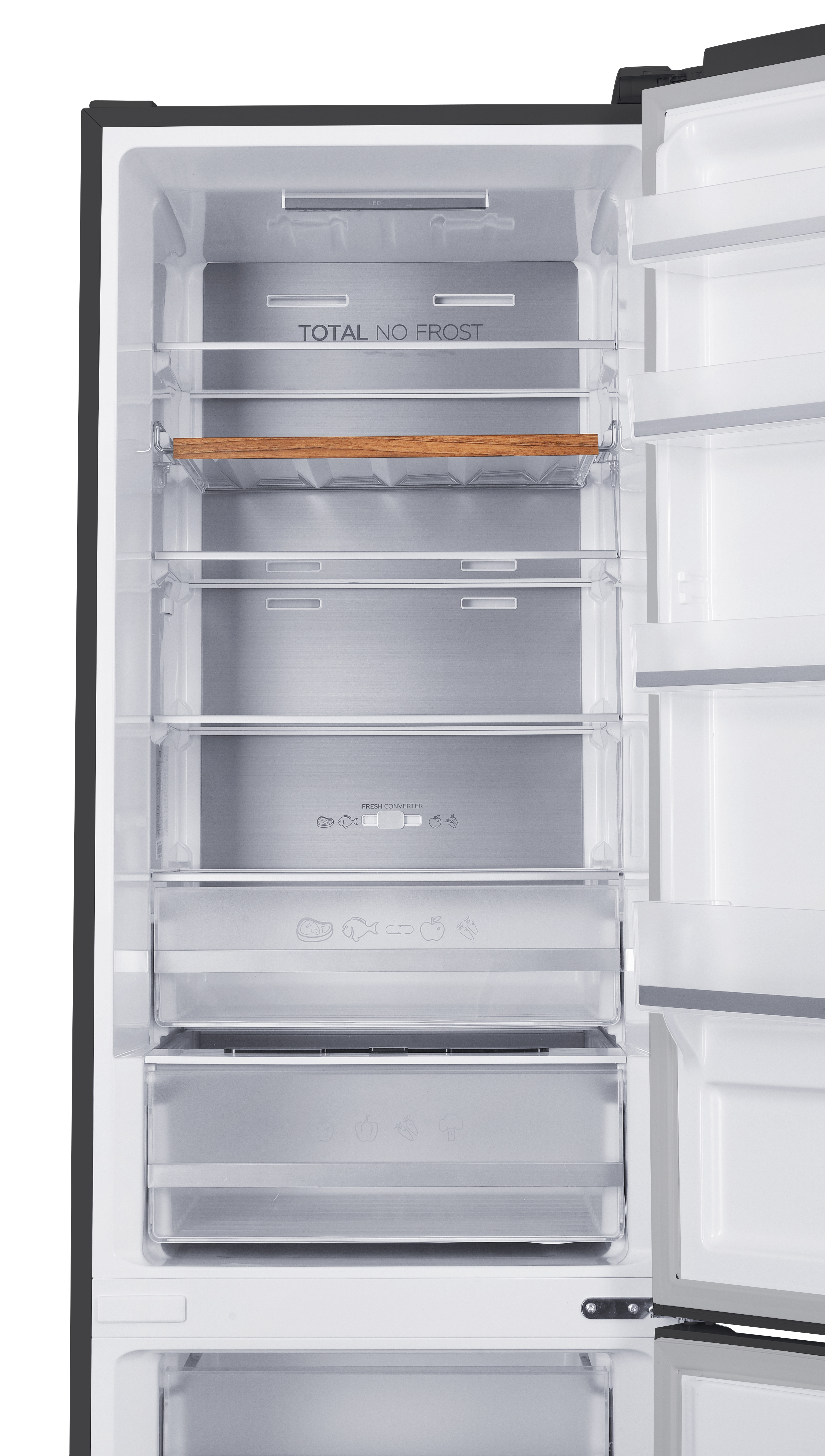 Open refrigerator interior featuring empty glass shelves, metal back panel, and door bins.