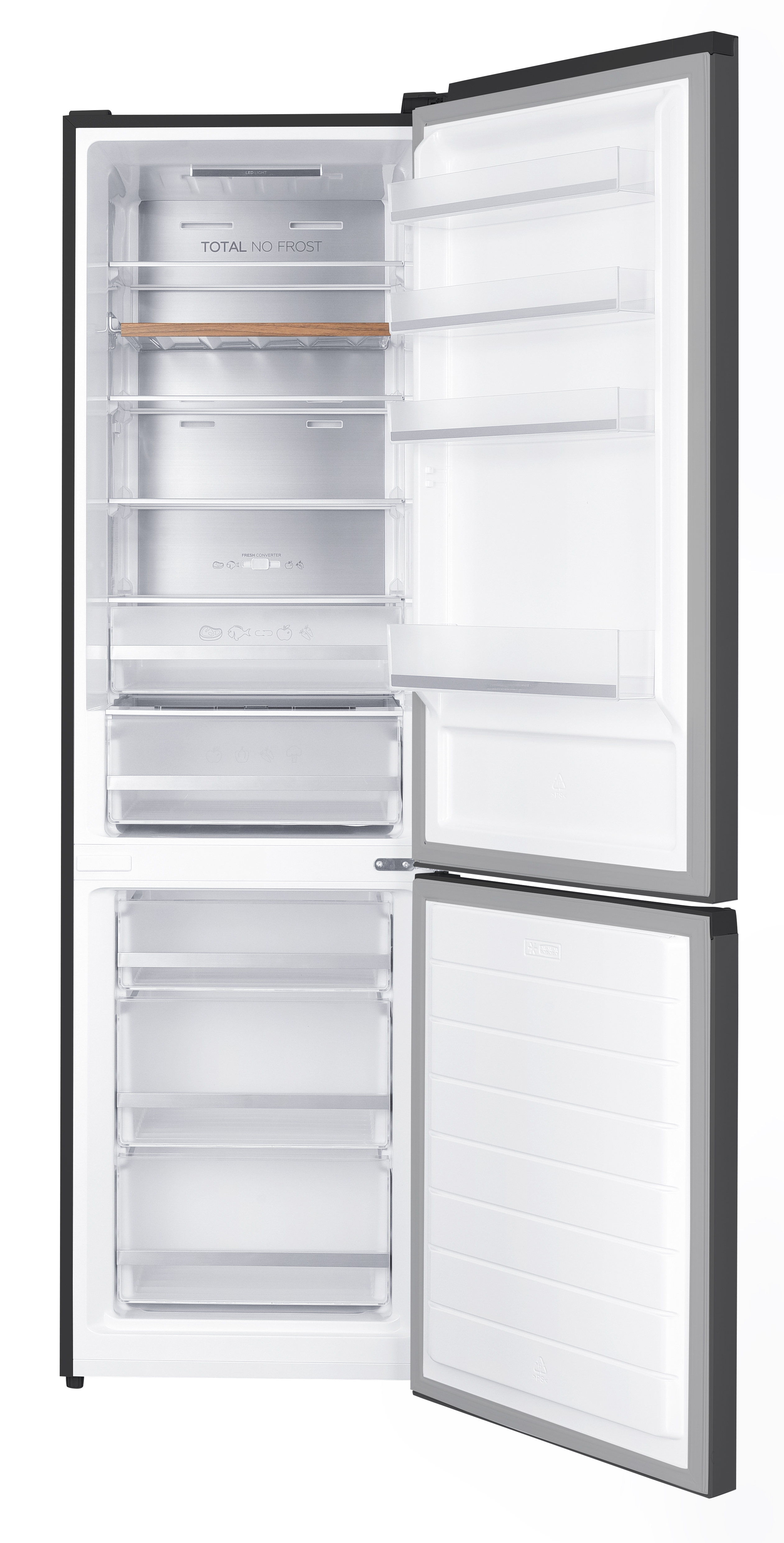 Open silver refrigerator with empty shelves on a white background.