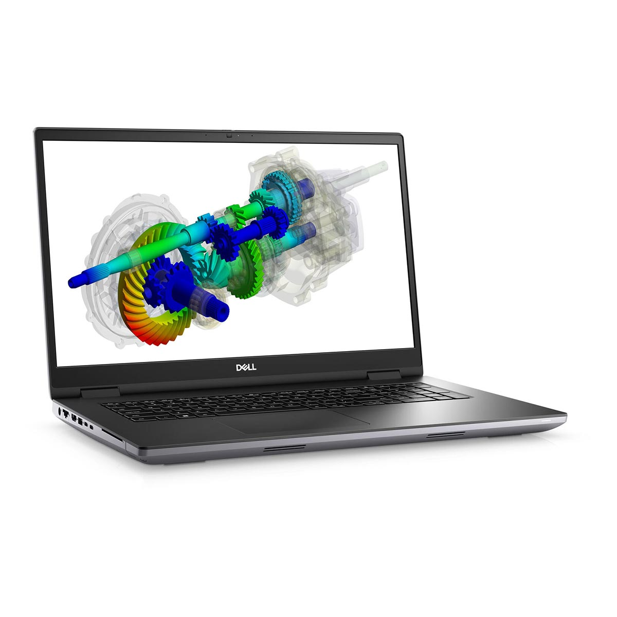 Laptop Dell z wyświetlonym projektem CAD kół zębatych na ekranie na białym tle.