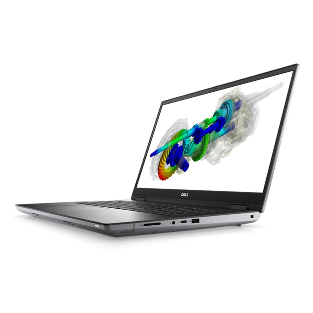 Srebrny laptop Dell stoi na białej powierzchni, wyświetlając na ekranie kolorowy schemat mechaniczny.
