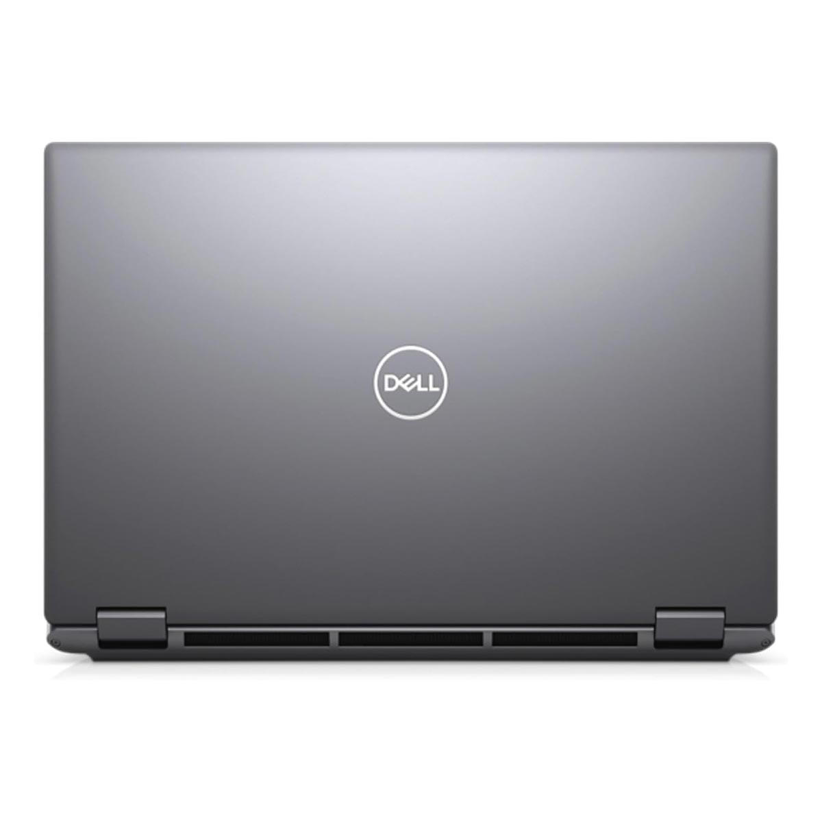Zamknięty szary laptop Dell widziany od góry ze srebrnym logo.