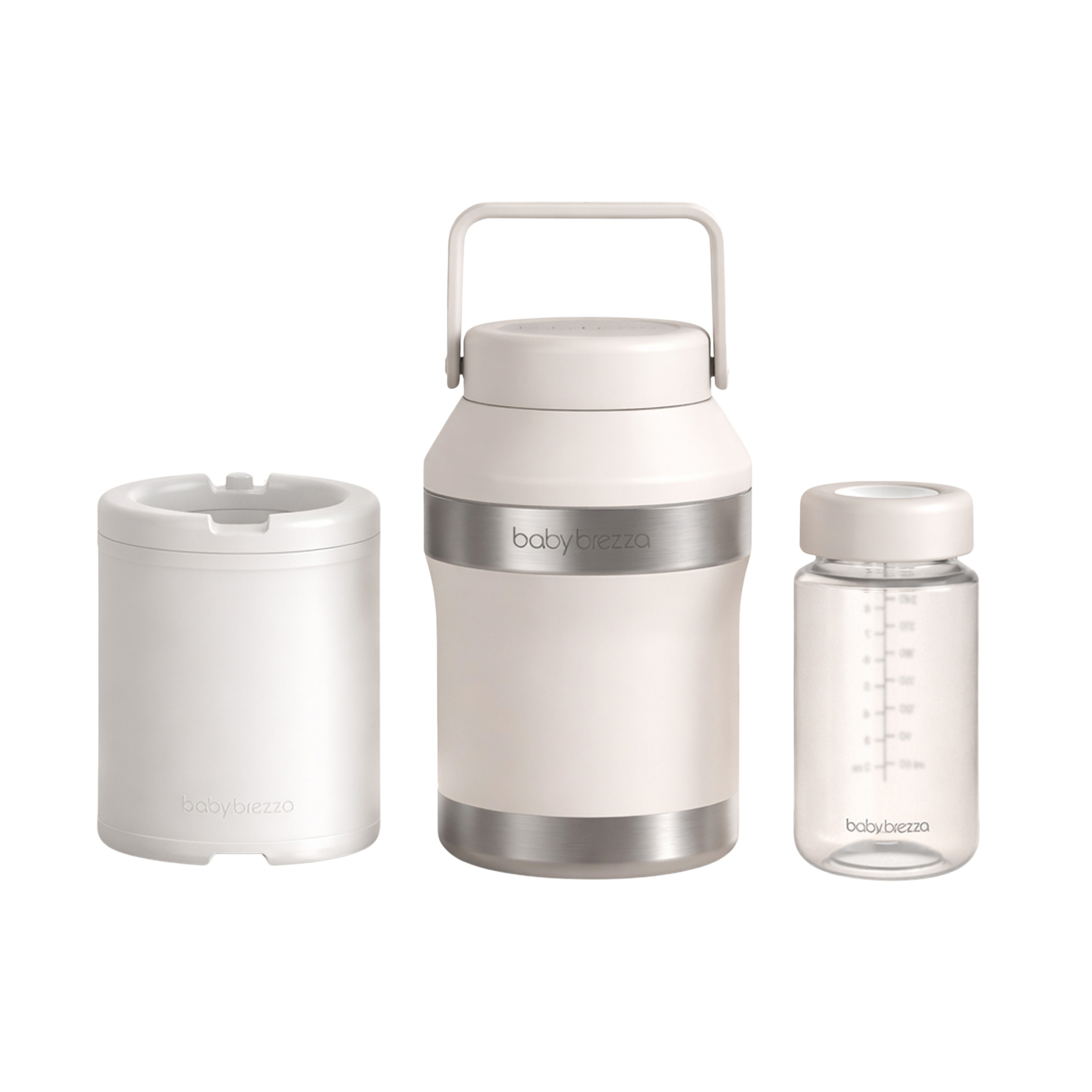 Ein weißer Baby Brezza Flaschenwärmer mit einem Behälter und einer Babyflasche auf weißem Hintergrund.