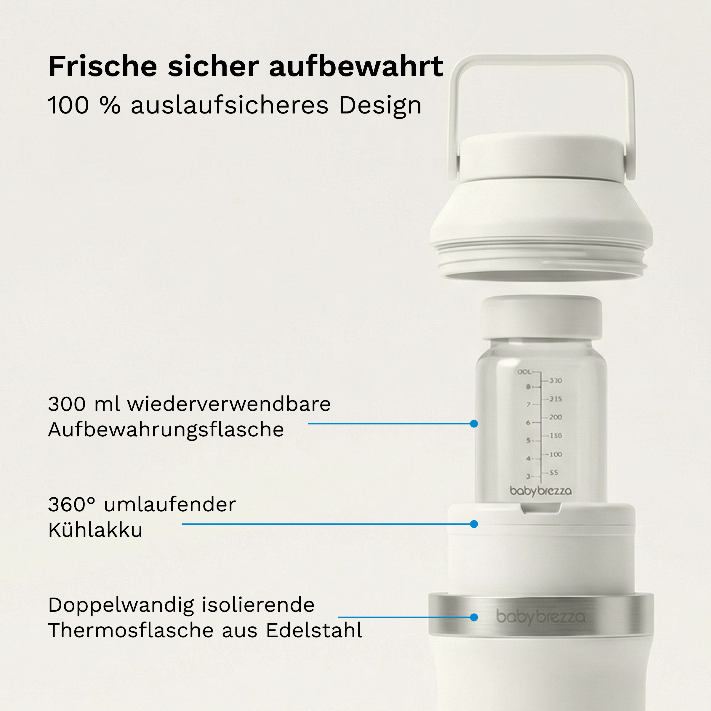 Explosionsansicht einer Babybrezza-Thermosflasche mit integriertem Kühlakku und einer 300 ml Aufbewahrungsflasche.