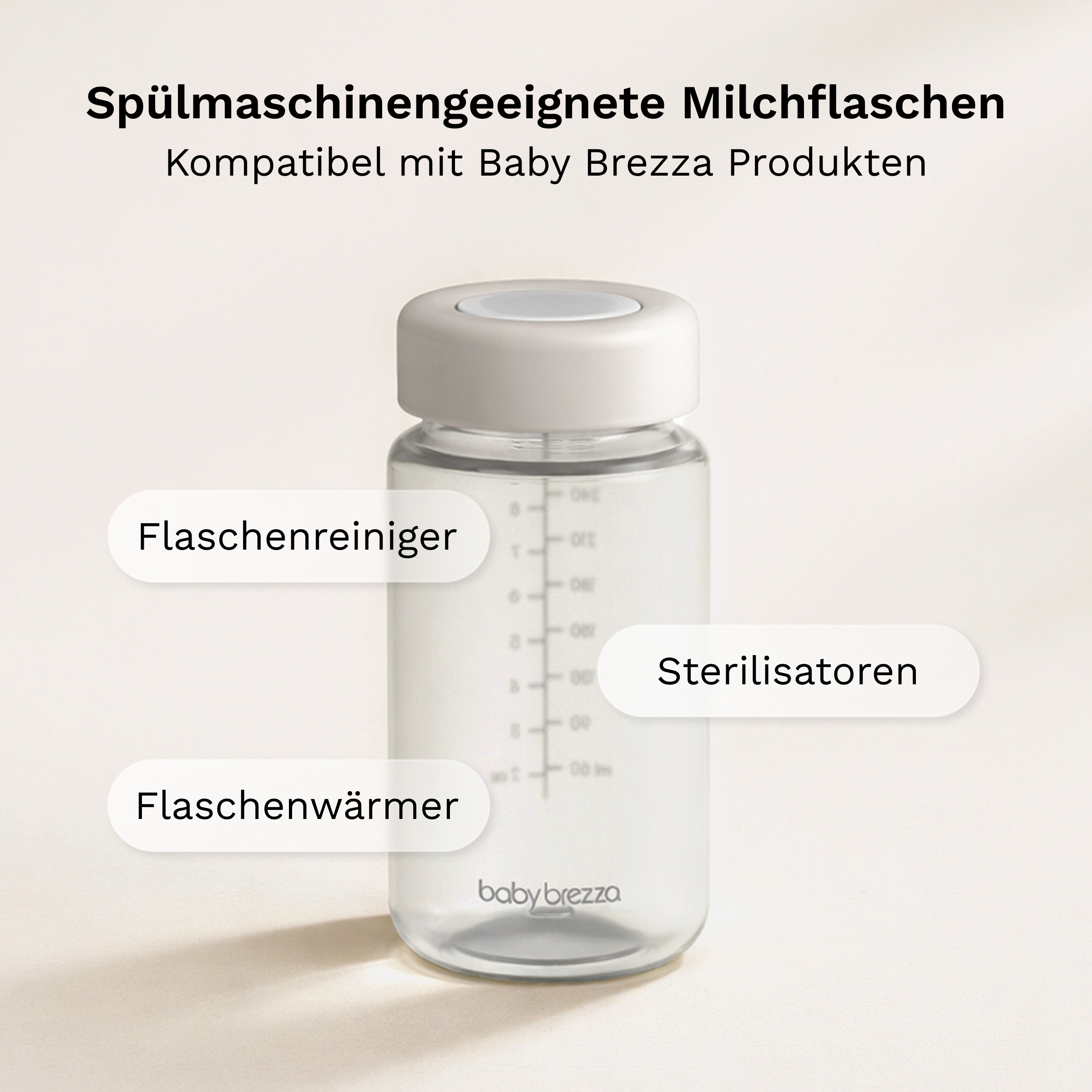 Eine Babyflasche mit Skala, umgeben von deutschen Textetiketten für Flaschenreiniger, -wärmer und Sterilisatoren.