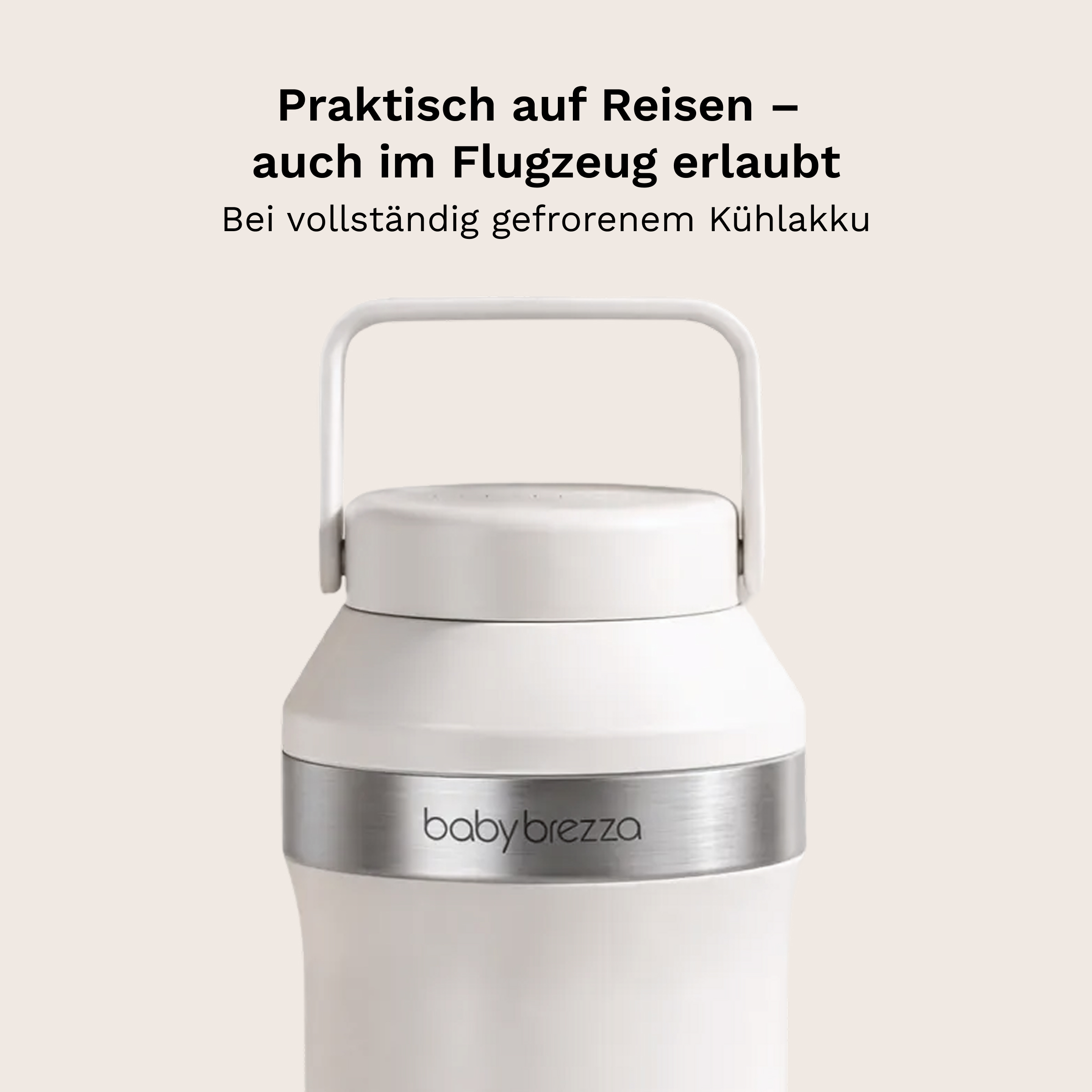 Weisser Baby Brezza Kuehlakku mit Metallring und Tragegriff vor beigem Hintergrund mit Text.