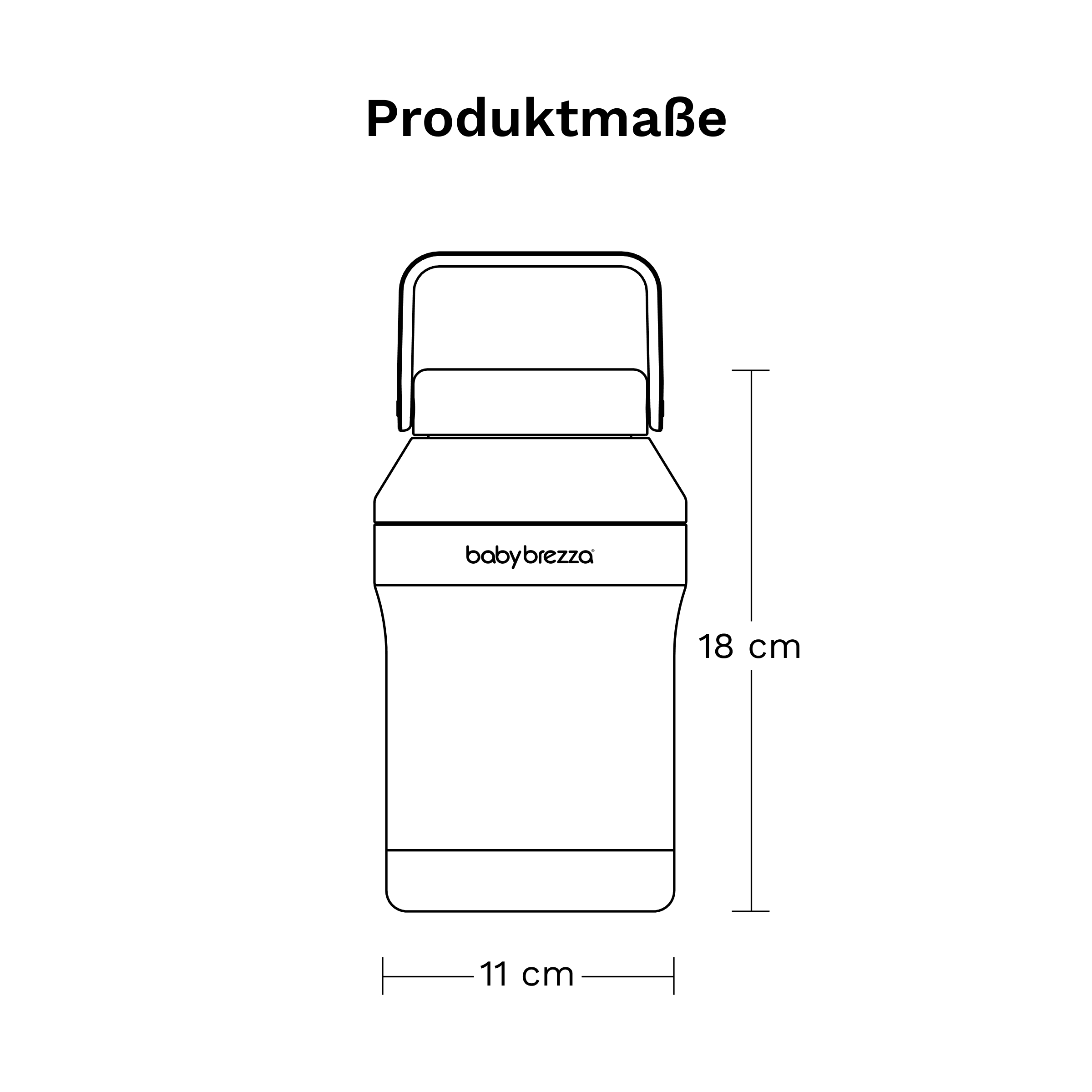 Produktmaße der Babybrezza Flasche: 18 cm Höhe und 11 cm Breite.