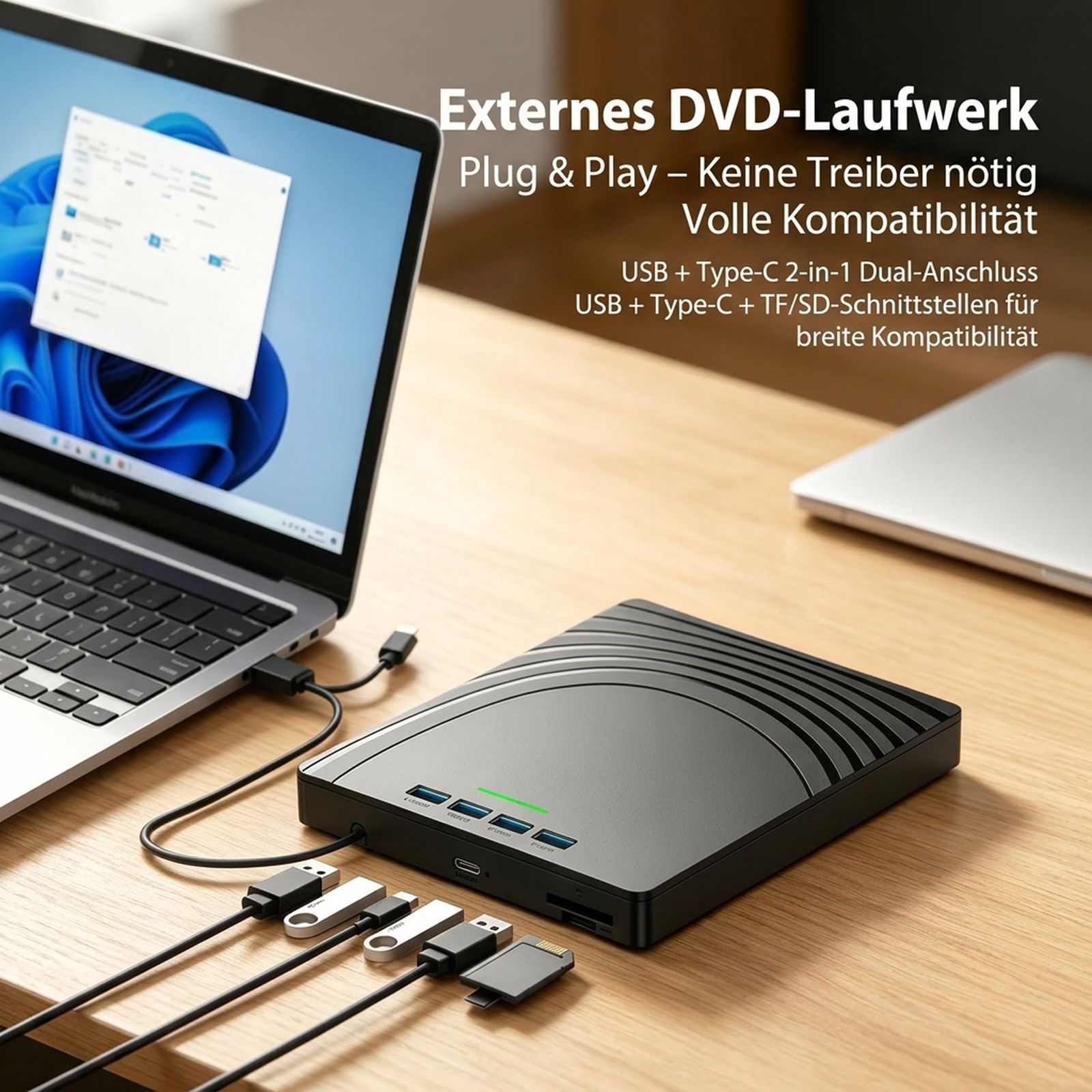 Ein schwarzes externes DVD-Laufwerk auf einem Schreibtisch, verbunden mit einem Laptop und mehreren USB-Kabeln.