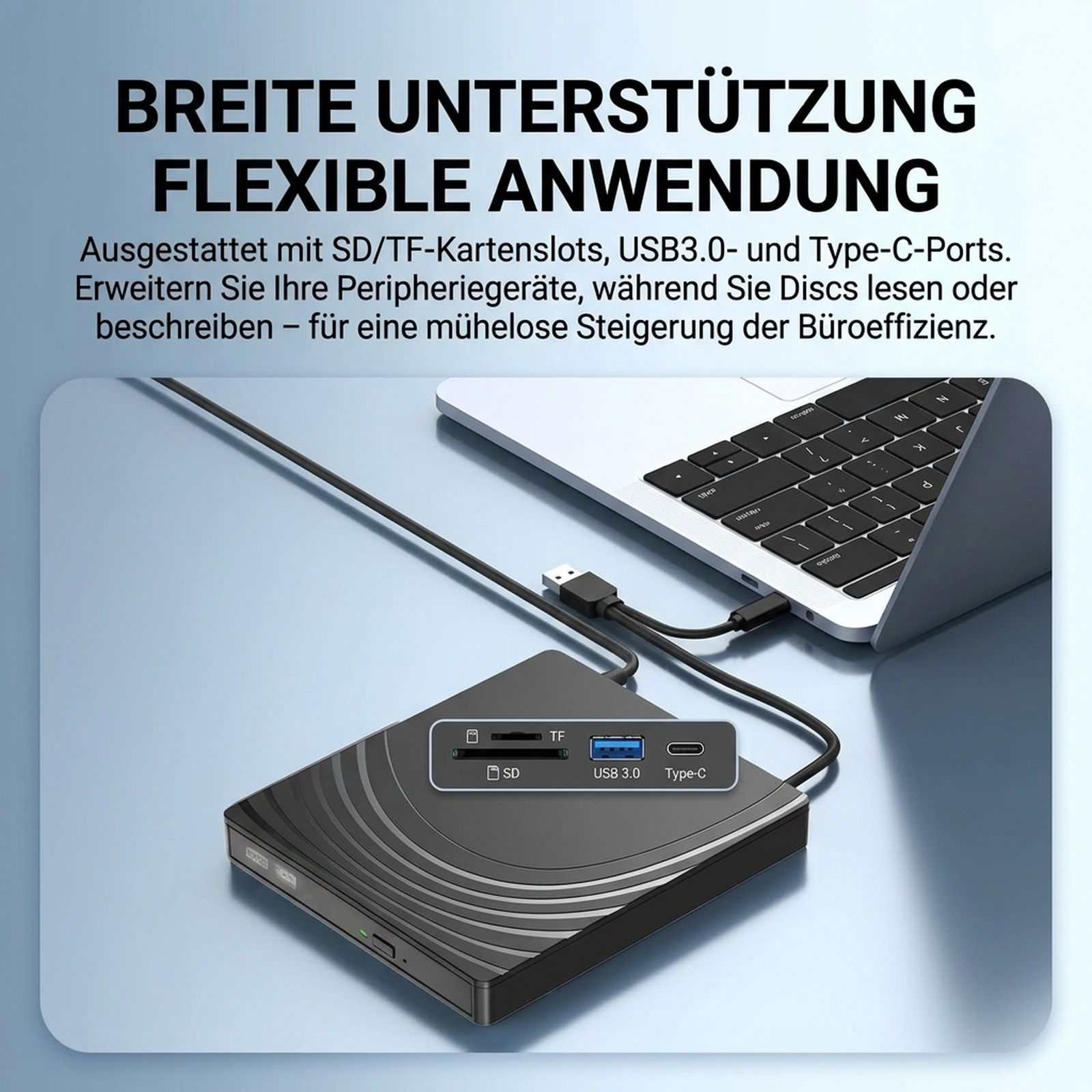 Ein externer Festplattenlaufwerk und USB-Hub neben einem Laptop mit Kabeln auf einem Tisch.