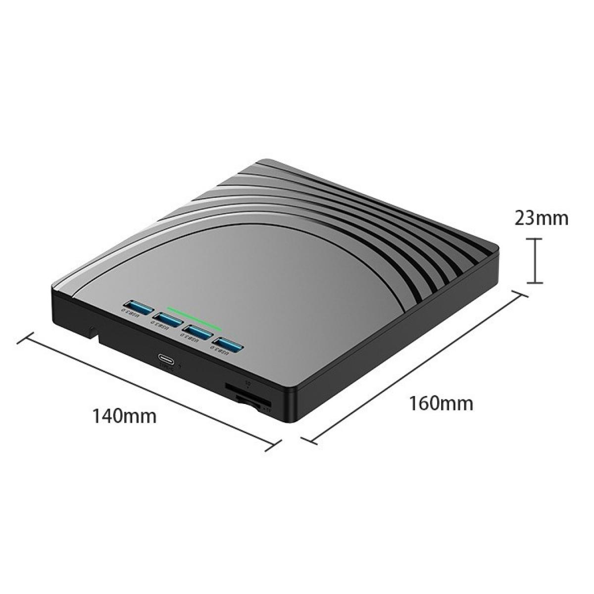 Grauer, wellenförmiger USB-Hub mit USB- und Kartenleser-Anschlüssen, Maße 140x160x23mm.