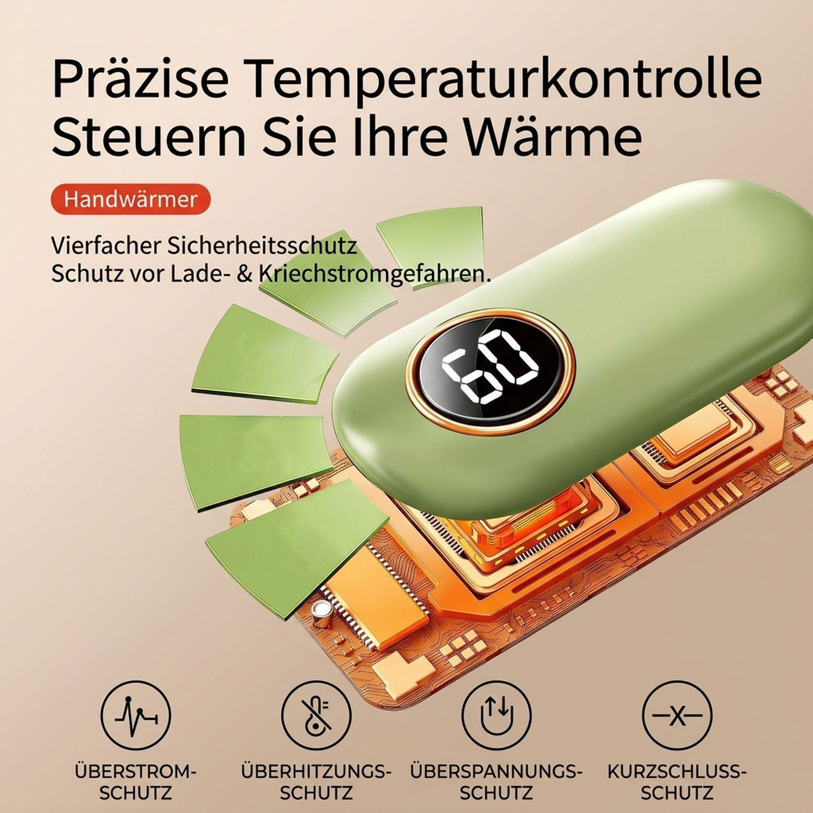 Grüner Handwärmer mit digitalem Display über einer Platine und Sicherheitssymbolen.