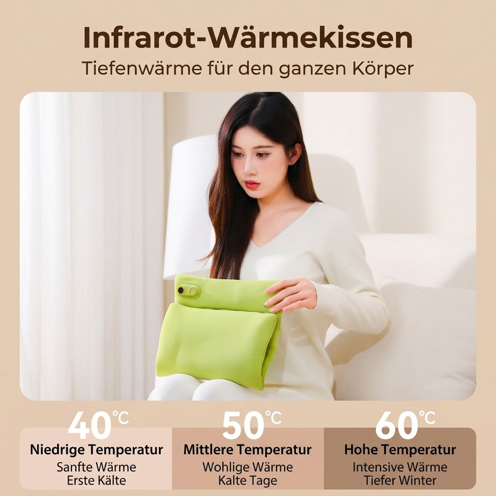 Eine Frau hält ein gr ünes Infrarot-Wärmekissen. Unten sind drei Temperaturstufen mit 40°C, 50°C und 60°C dargestellt.