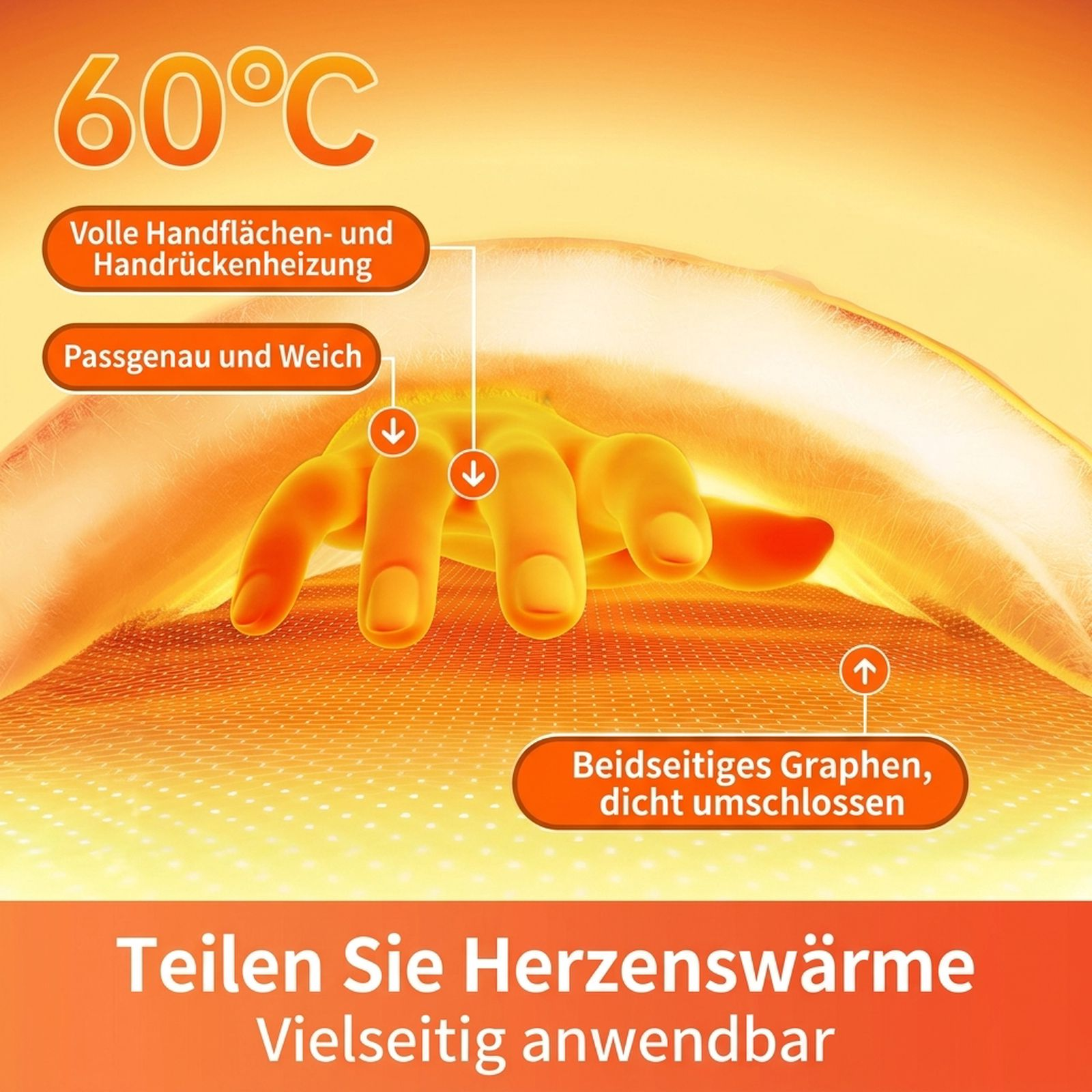 Hand in einem warmen Handschuh mit Grafen-Heizung und 60 Grad Anzeige.
