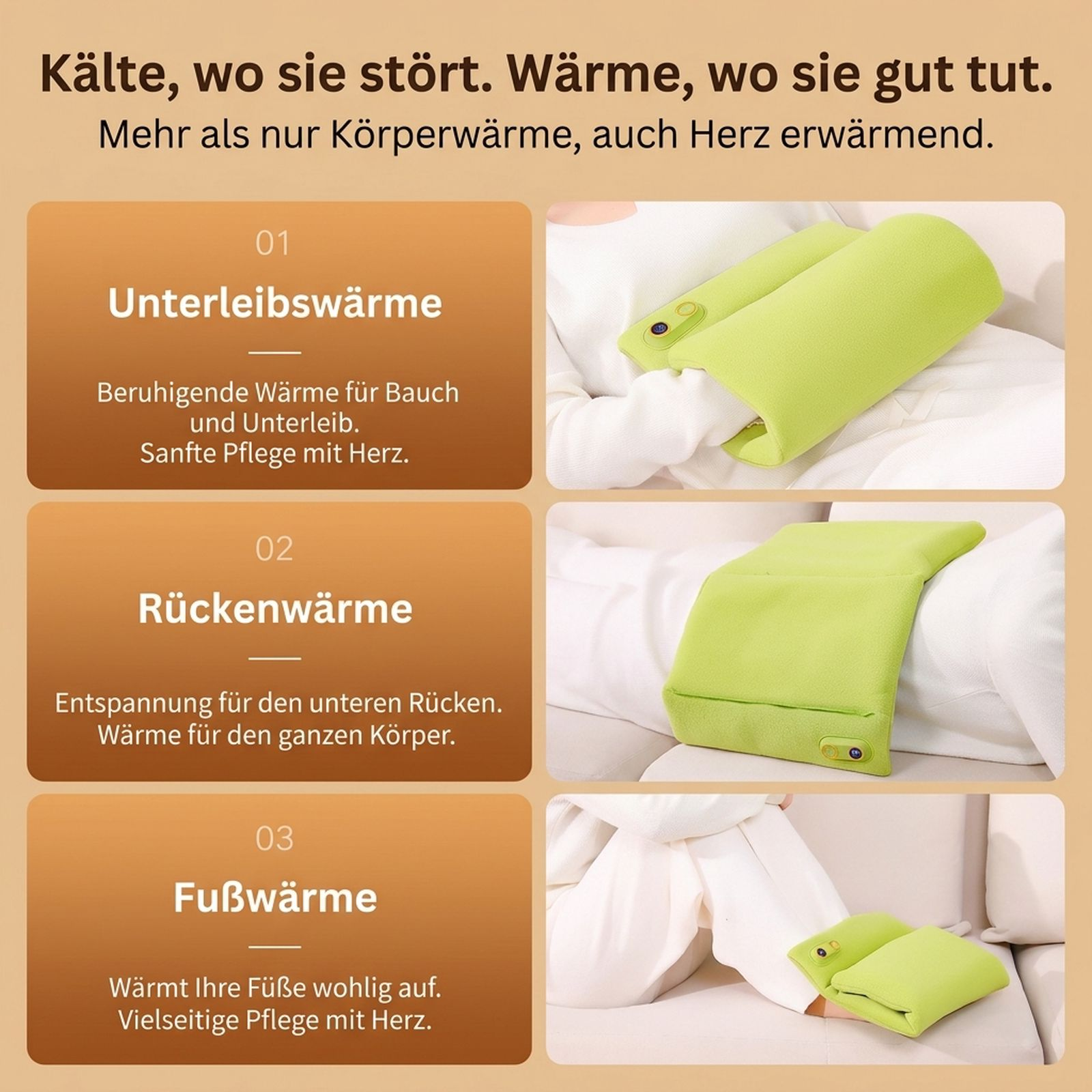 Infografik zeigt drei Anwendungsbereiche eines grünen Wärmekissens für Bauch, Rücken und Füße mit Erklärungen.