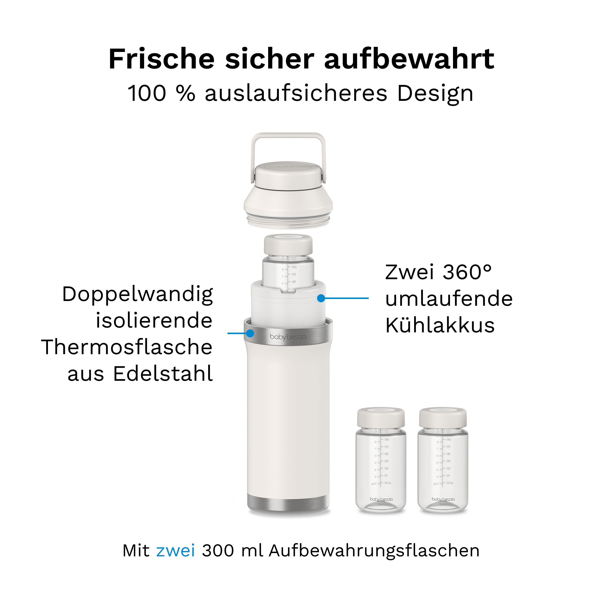 Edelstahl-Thermosflasche mit Kühlakkus und zwei 300 ml Aufbewahrungsflaschen.