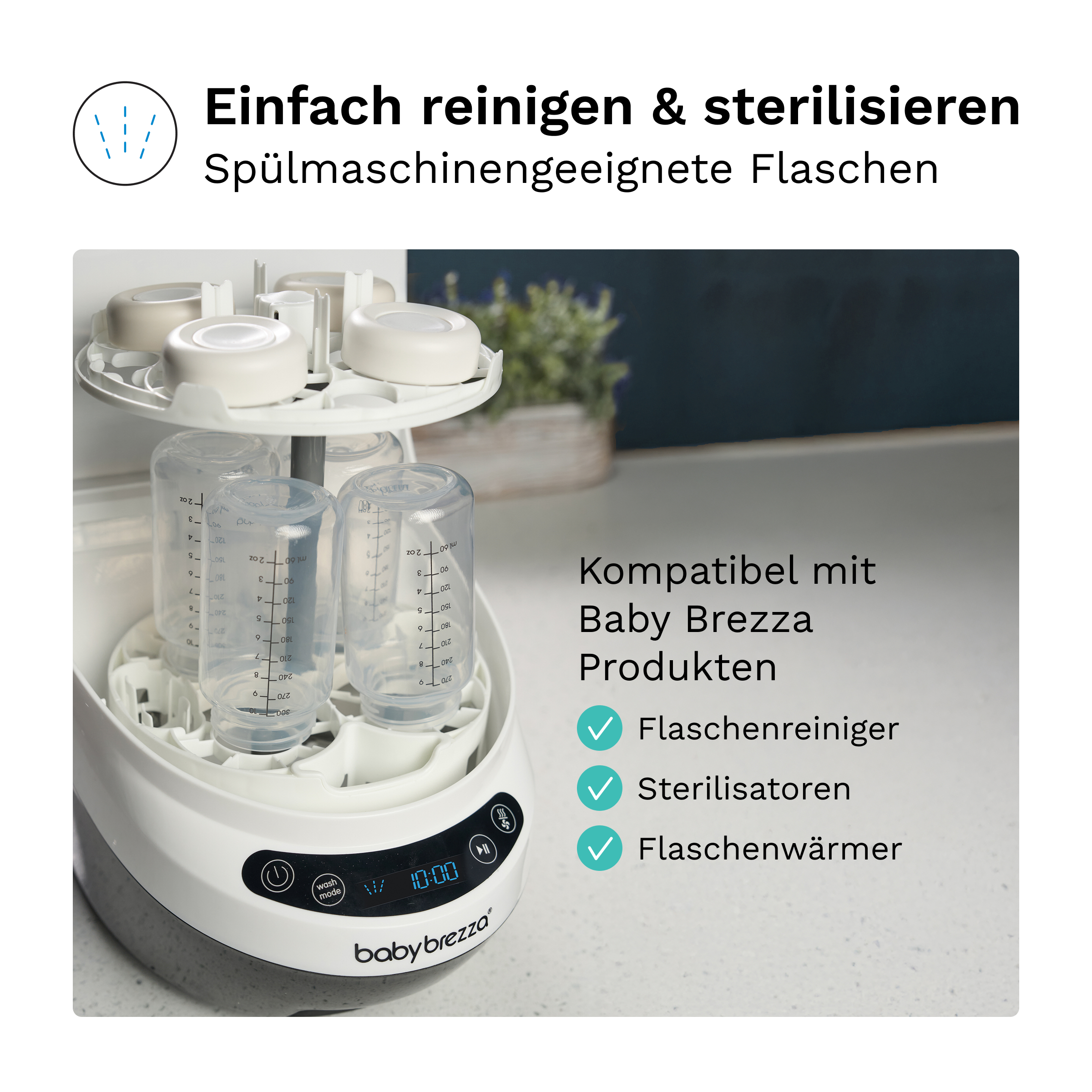 Ein weißes Baby Brezza Gerät hält Fläschchen kopfüber auf Ablagen, mit deutschem Text und grünen Häkchen rechts.