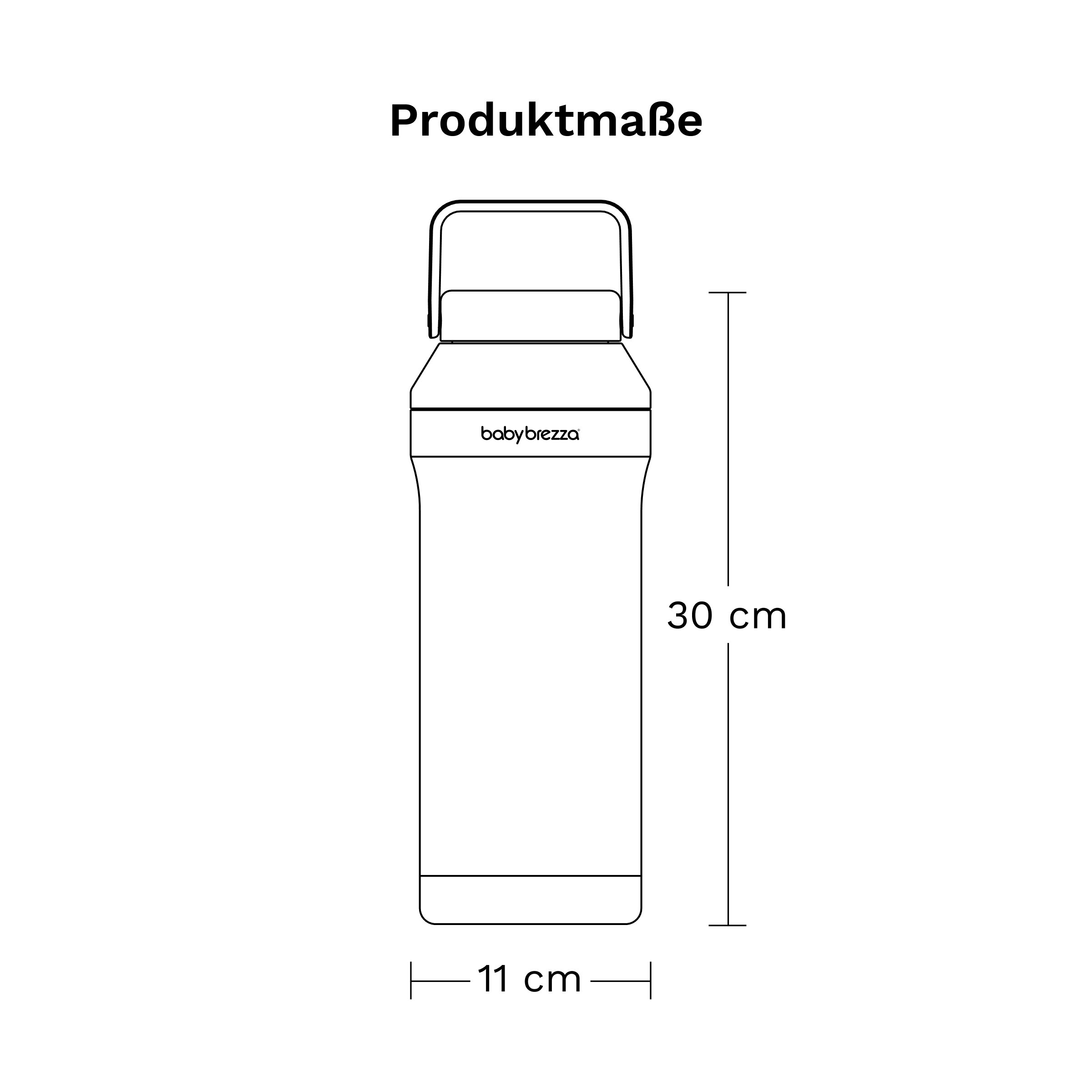 Strichzeichnung einer Babybrezza-Flasche mit den Maßen 30 cm Höhe und 11 cm Breite.