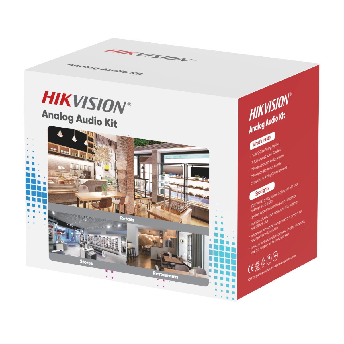 Hikvision Analog Audio Kit Box mit Bildern von Geschäften, Restaurants und Einzelhandel.