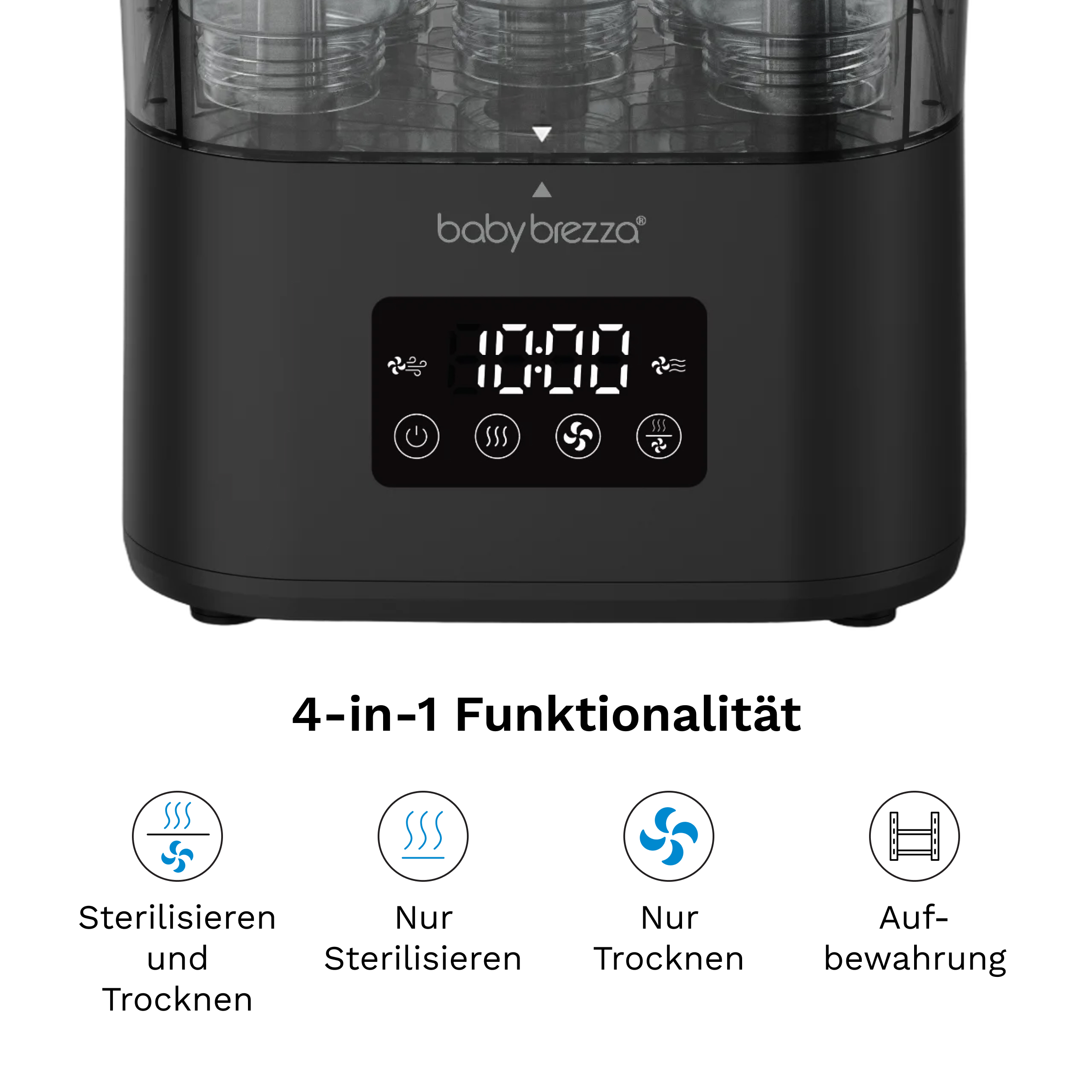 Baby Brezza 4-in-1 Sterilisator mit Digitalanzeige und vier Funktionssymbolen darunter.