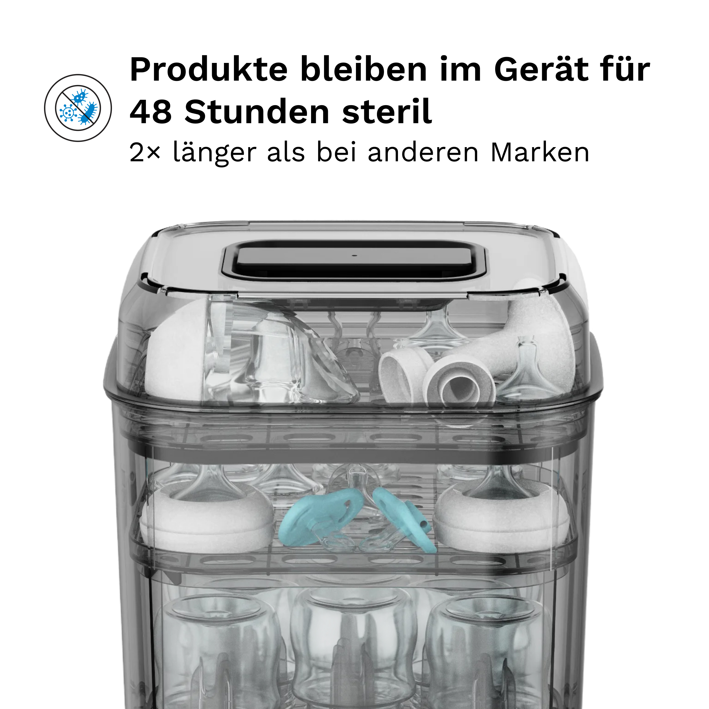 Sterilisationsgerät mit babyflaschen auf drei Ebenen, transparent.