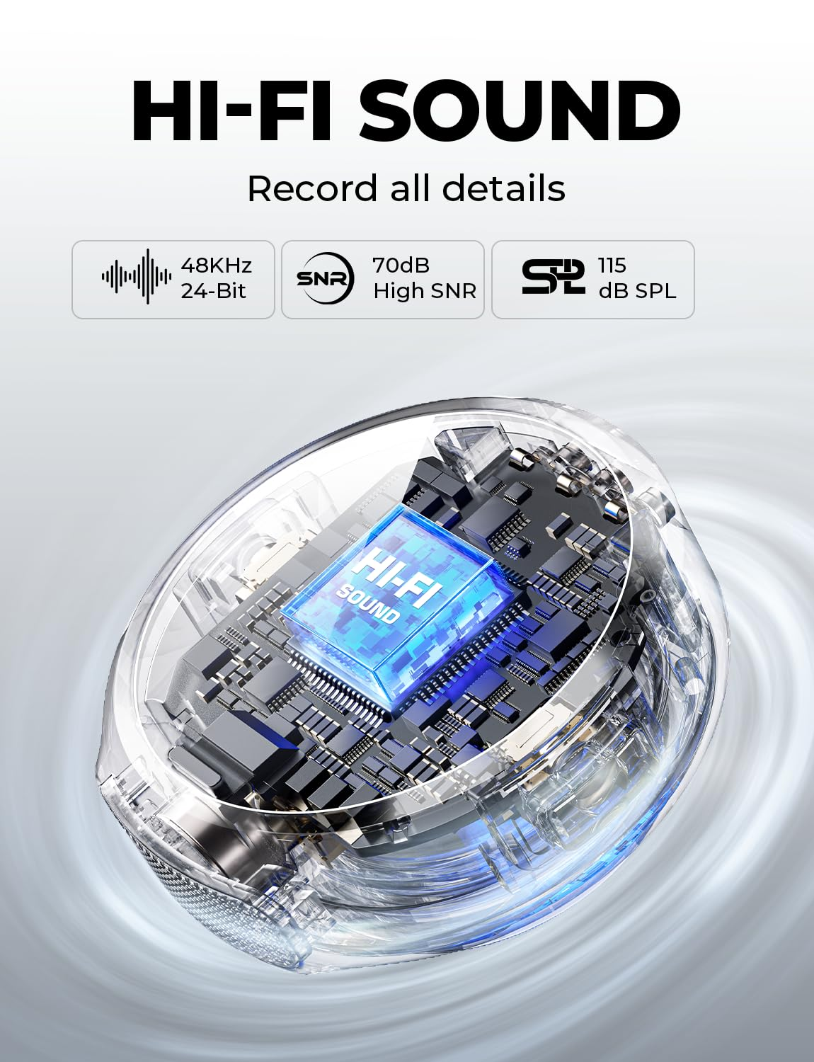 Transparentes Audiogerät zeigt interne Schaltkreise mit blau leuchtendem HI-FI SOUND Chip.
