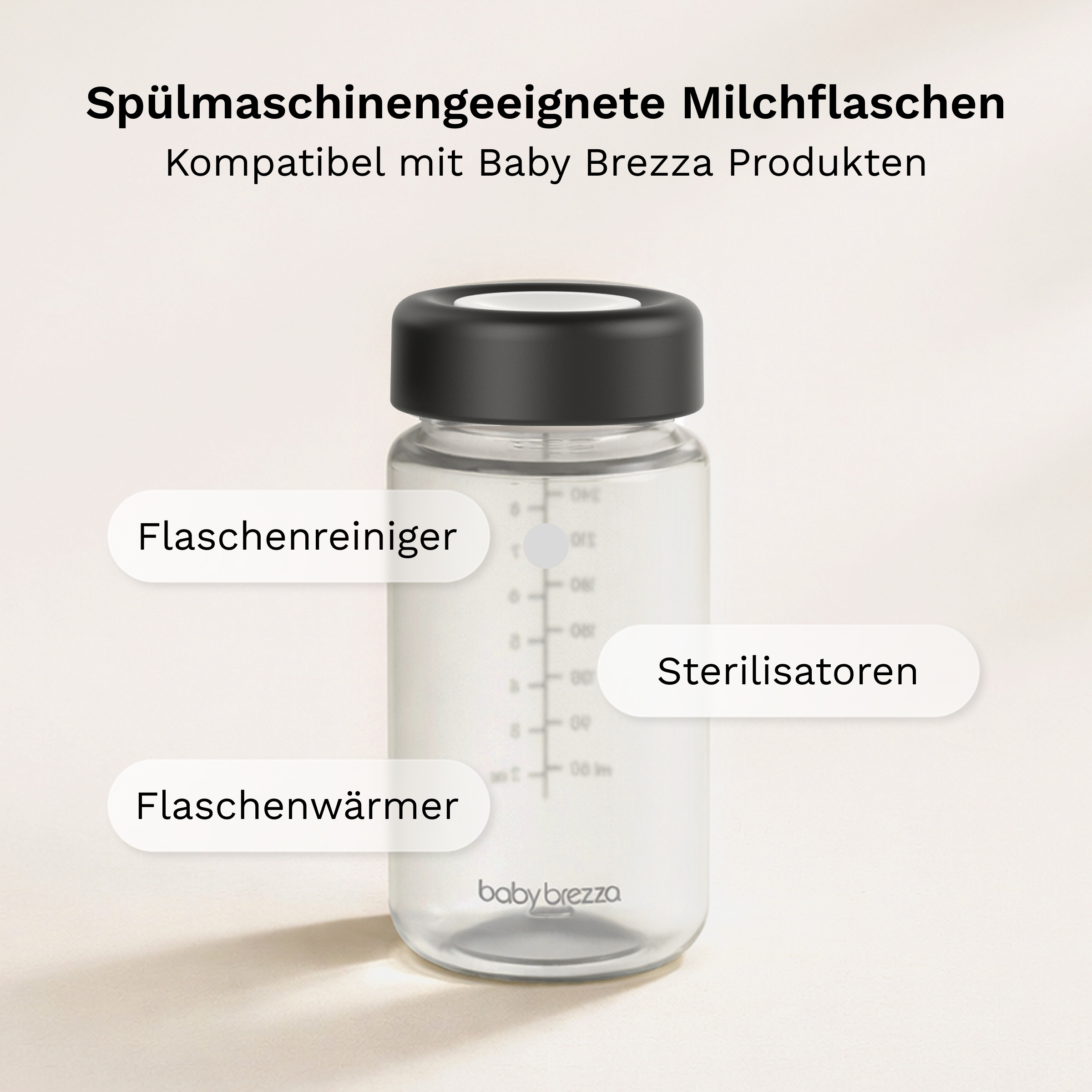 Baby Brezza Milchflasche mit deutscher Beschriftung zu Kompatibilität mit Reinigern und Sterilisatoren.