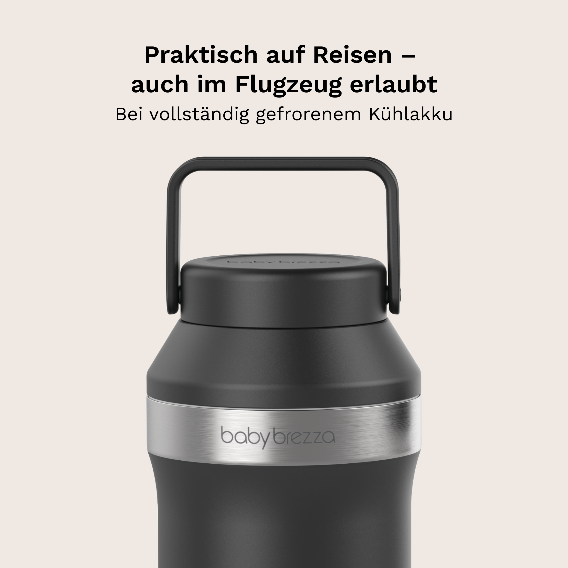 Schwarze Baby Brezza Thermoskanne mit Tragebügel und silbernem Ring.