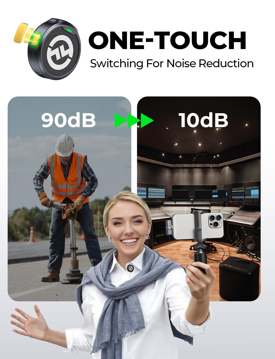 Frau demonstriert Rauschunterdrückung von 90dB auf 10dB mit einem kleinen Mikrofon.