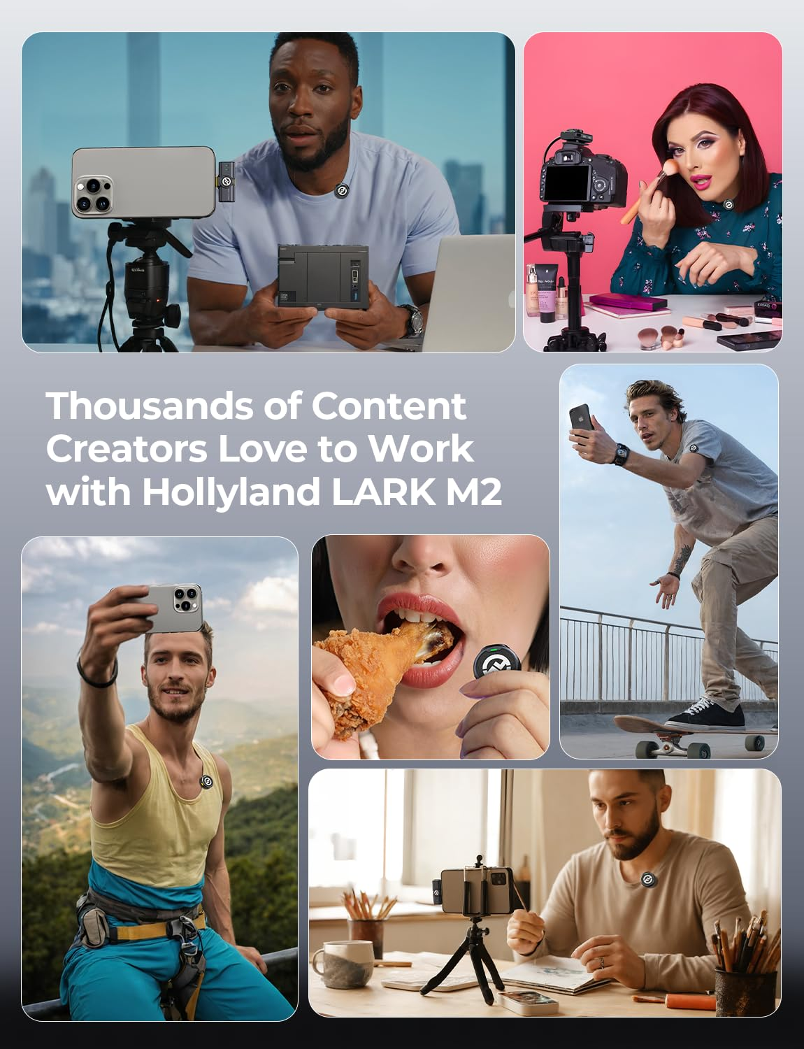 Collage mit verschiedenen Content-Erstellern, die Hollyland Lark M2 Mikrofone nutzen.