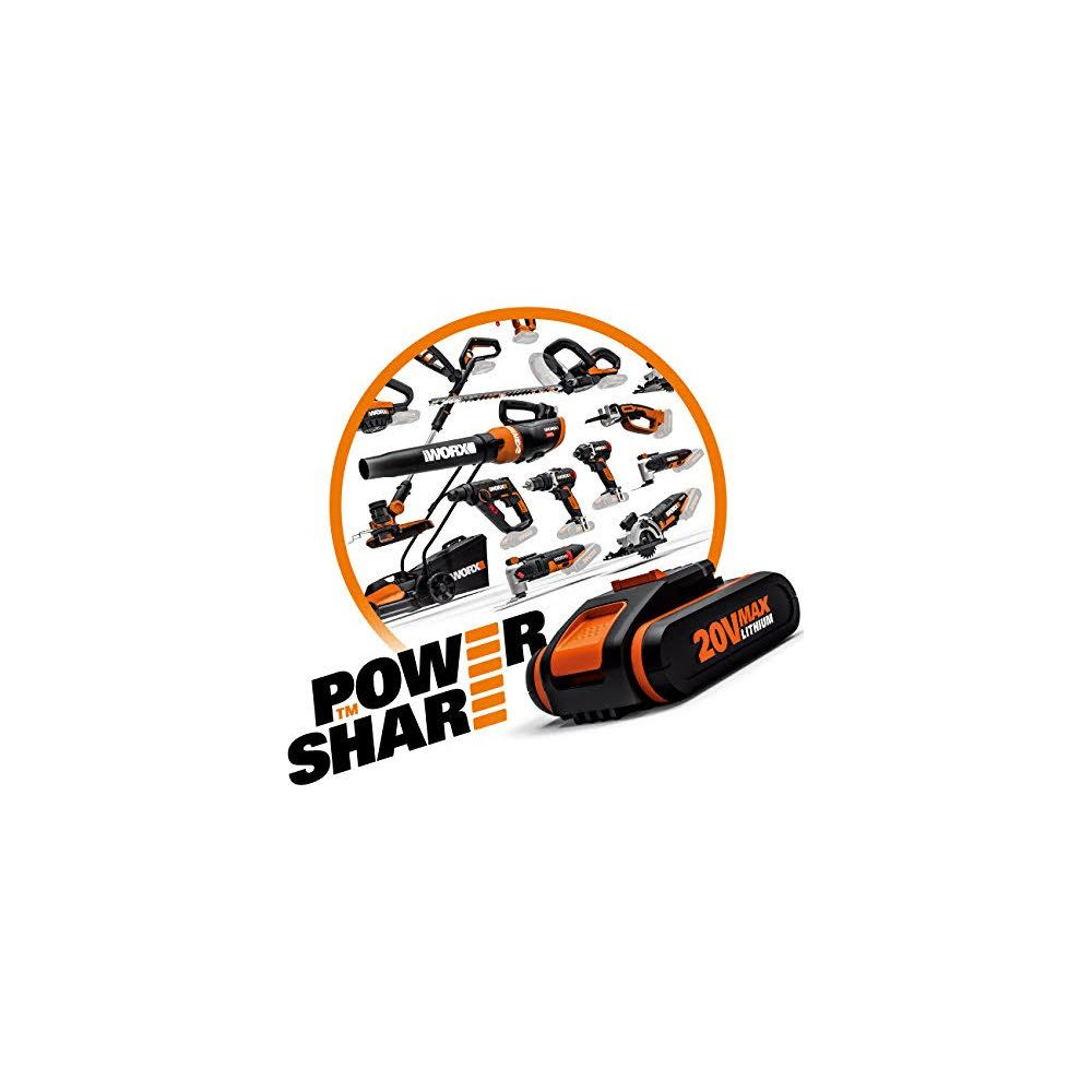Ein 20V Max Lithium-Akku neben dem Power Share-Logo und verschiedenen Worx-Werkzeugen.