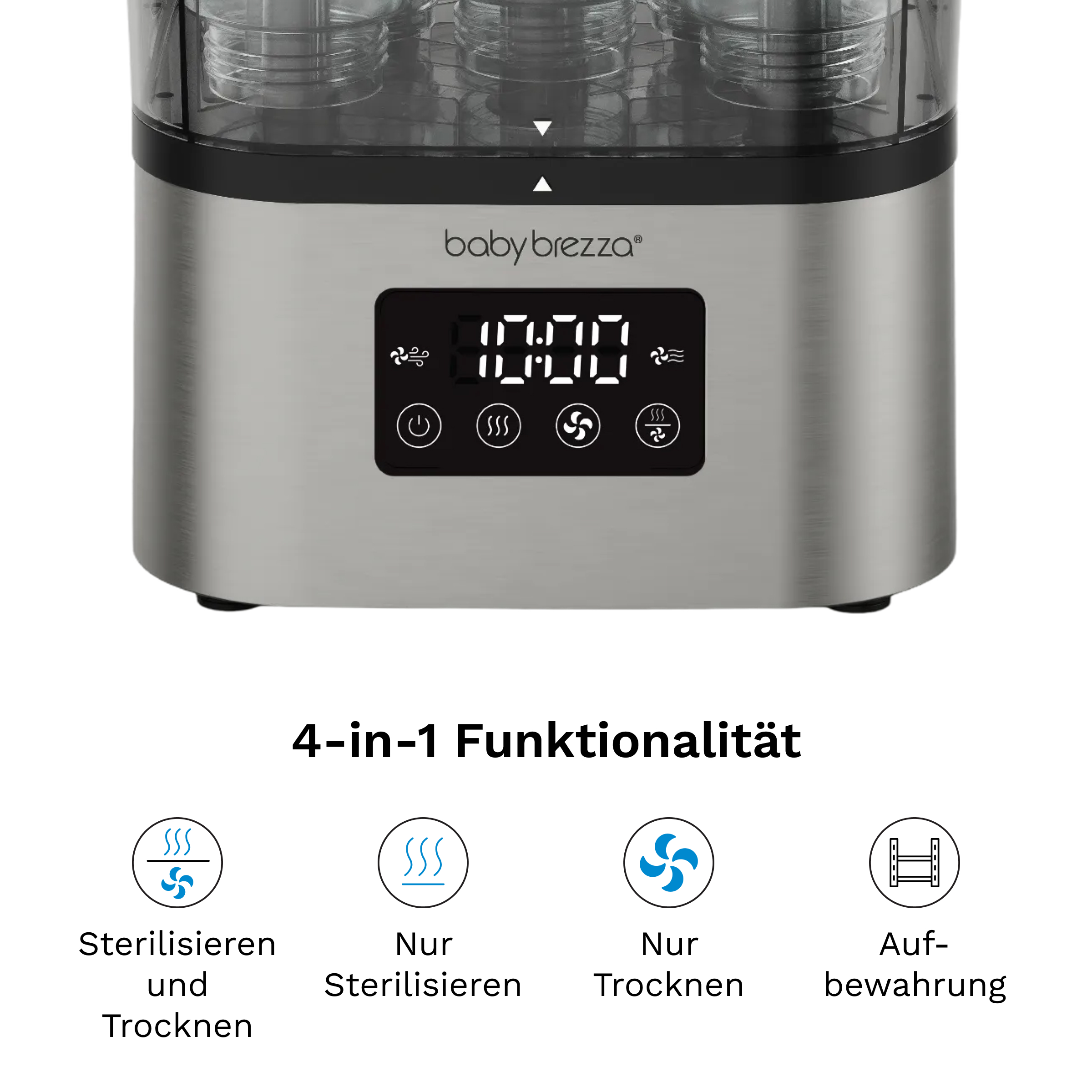 Baby Brezza Sterilisator mit digitalem Display und vier Funktionssymbolen darunter.