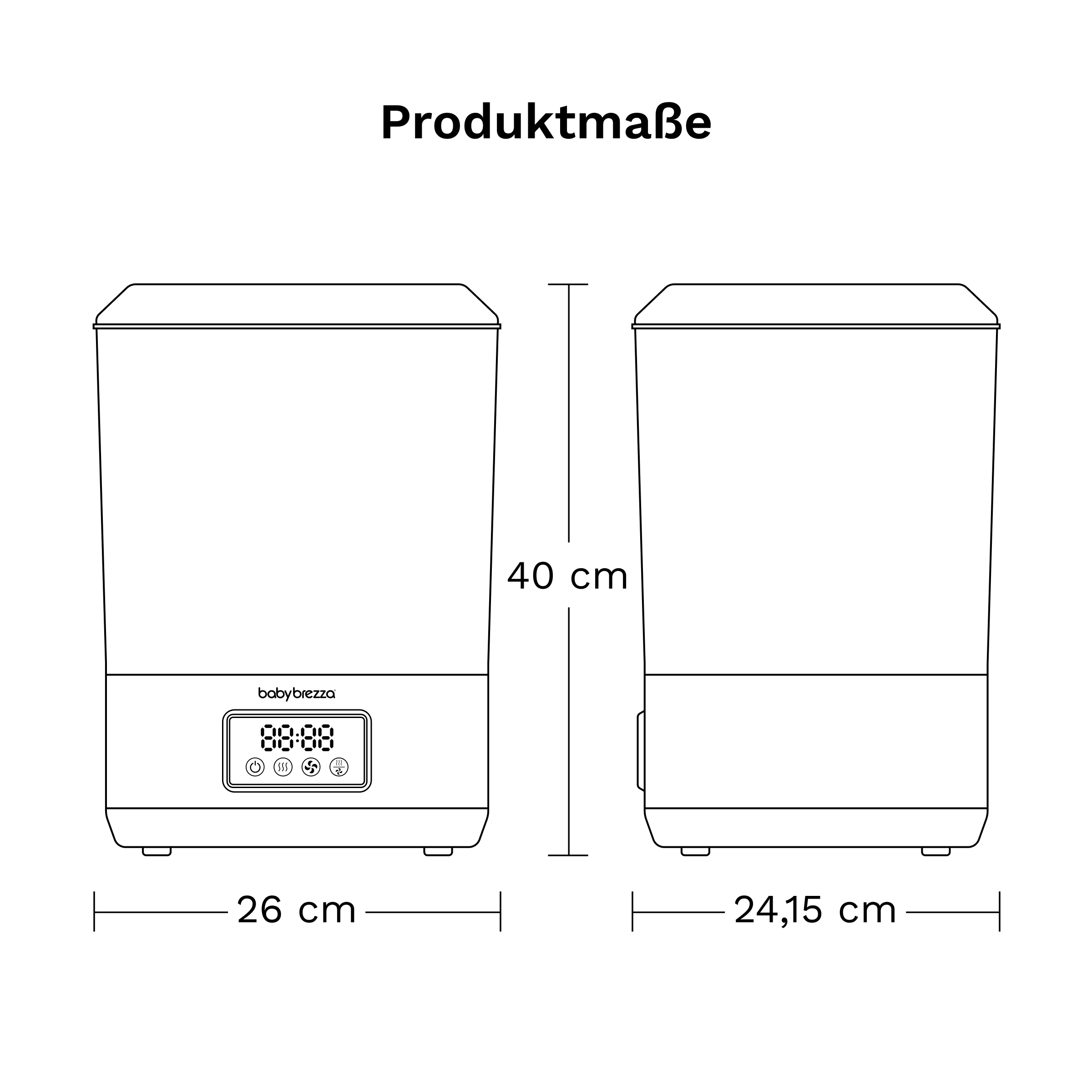 Technische Zeichnung eines Baby Brezza Geräts mit Produktmaßen von 40 cm Höhe, 26 cm Breite und 24,15 cm Tiefe.