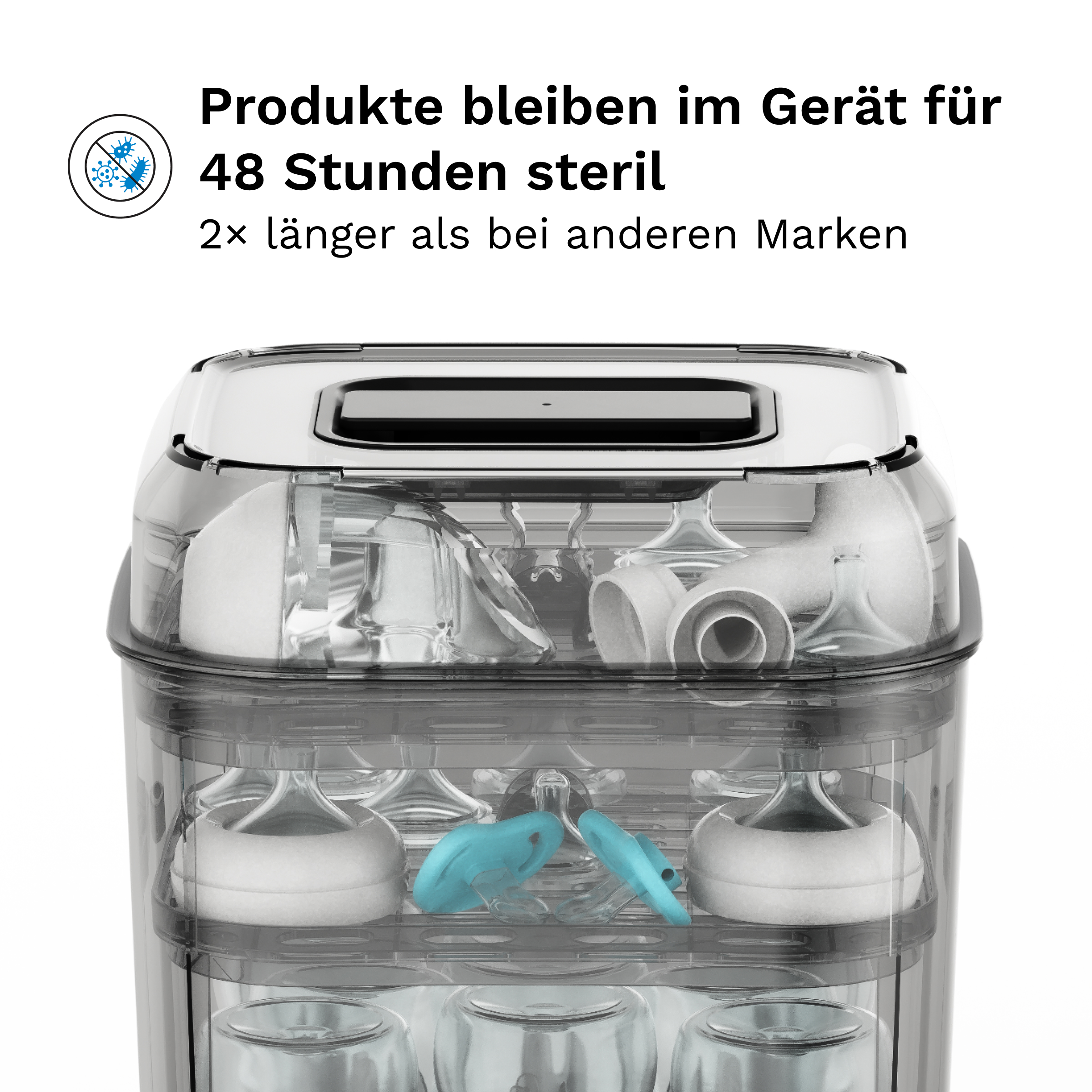Transparenter Sterilisator mit Babyflaschen und Zubehör, Text oben besagt 48 Stunden sterile Aufbewahrung.