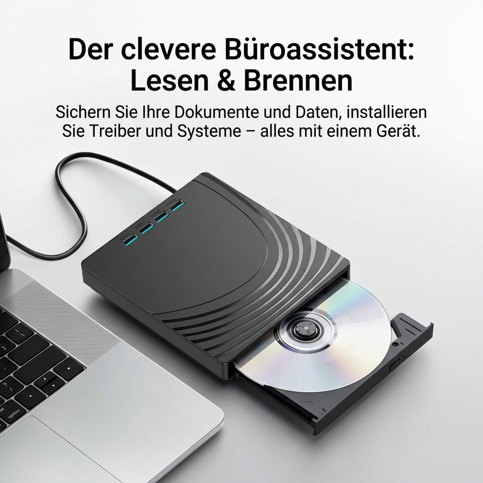 Ein schwarzes externes CD-Laufwerk mit geöffneter Schublade und eingelegter Disc neben einem Laptop.