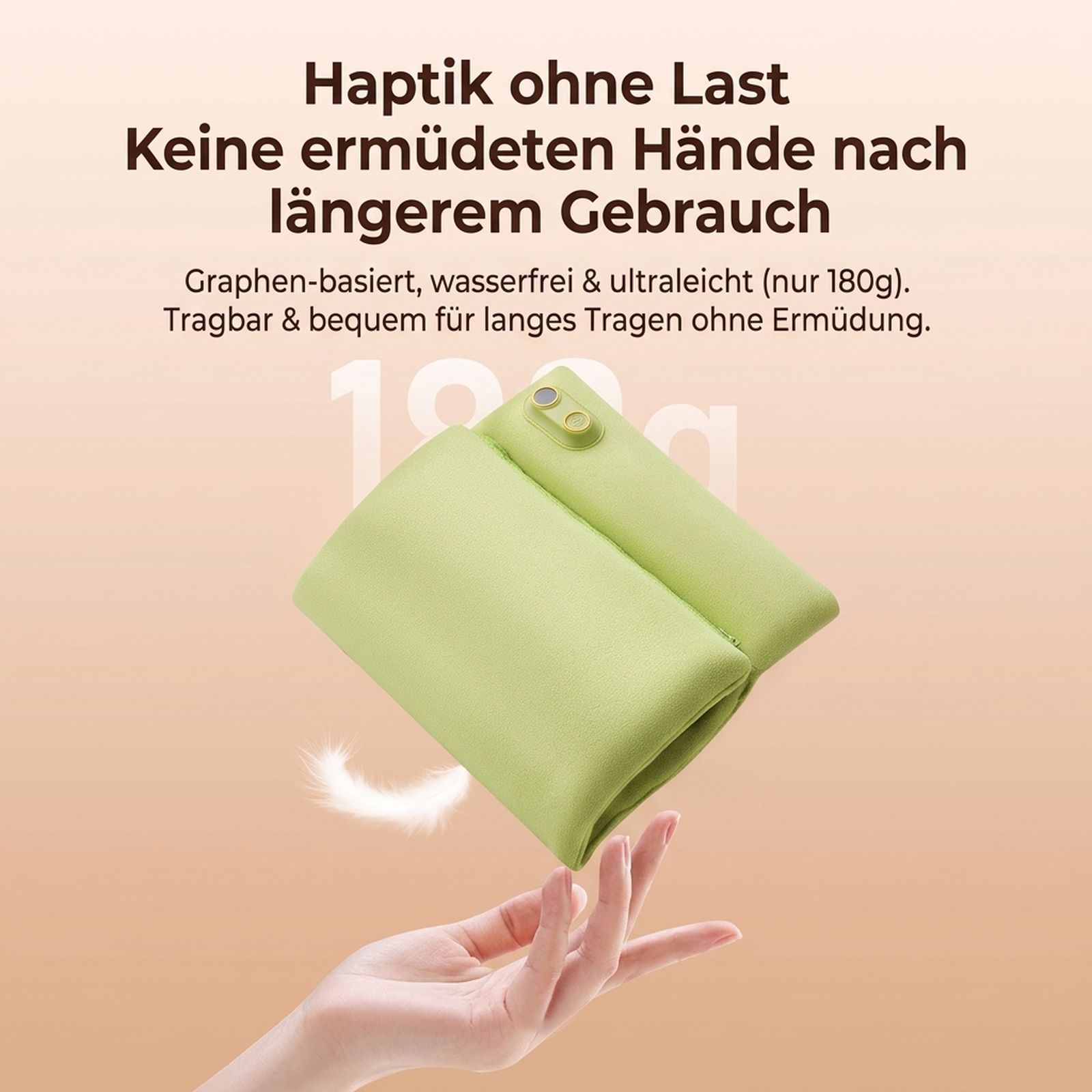Eine Hand hält eine ultraleichte, grüne Graphen-Brille über der Textgrafik.