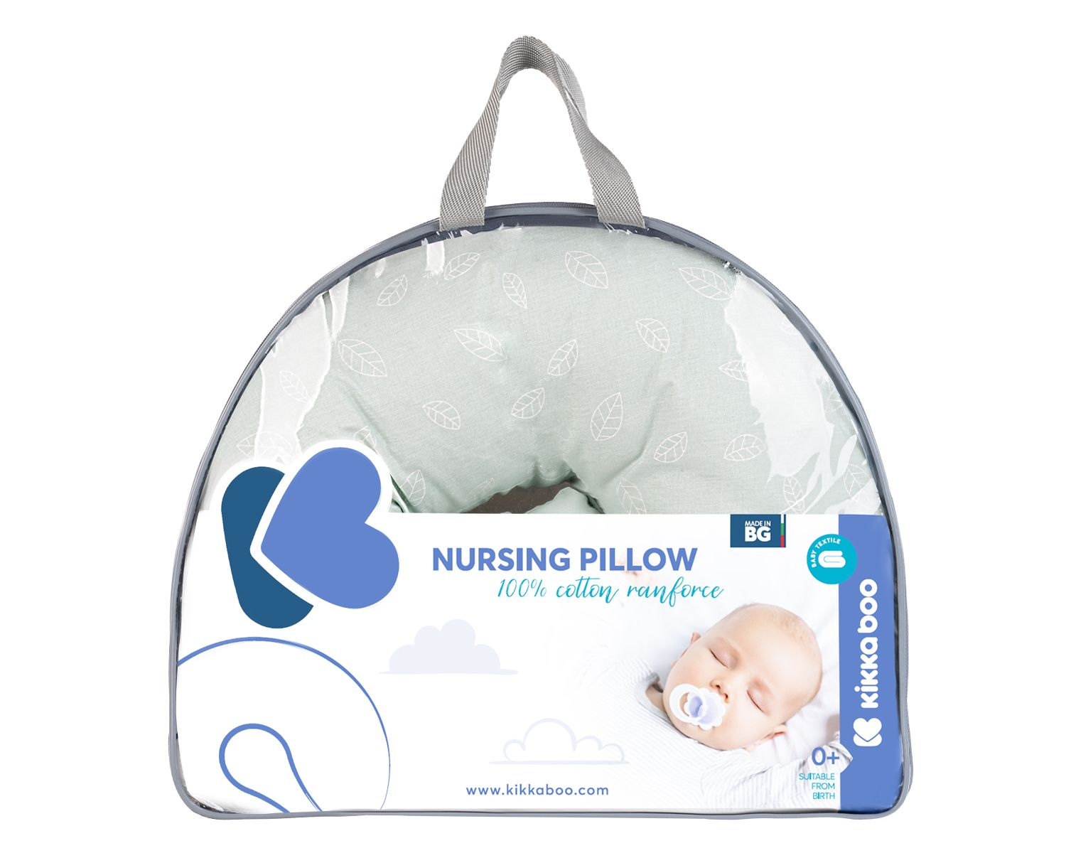 Verpacktes Stillkissen mit grünem Blattmuster und Bild eines schlafenden Babys.