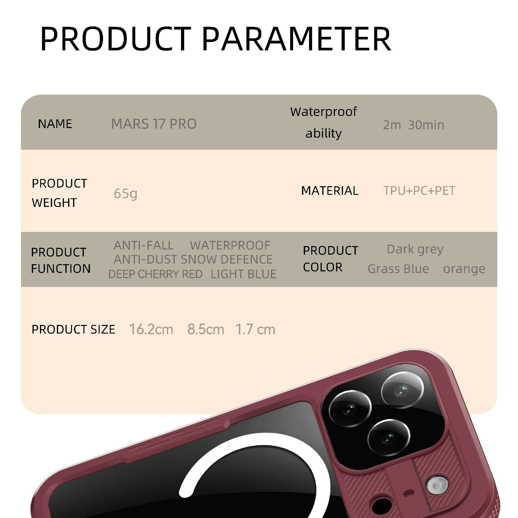 Produktspezifikationen für Mars 17 Pro mit technischer Beschreibung und rotem Smartphone.