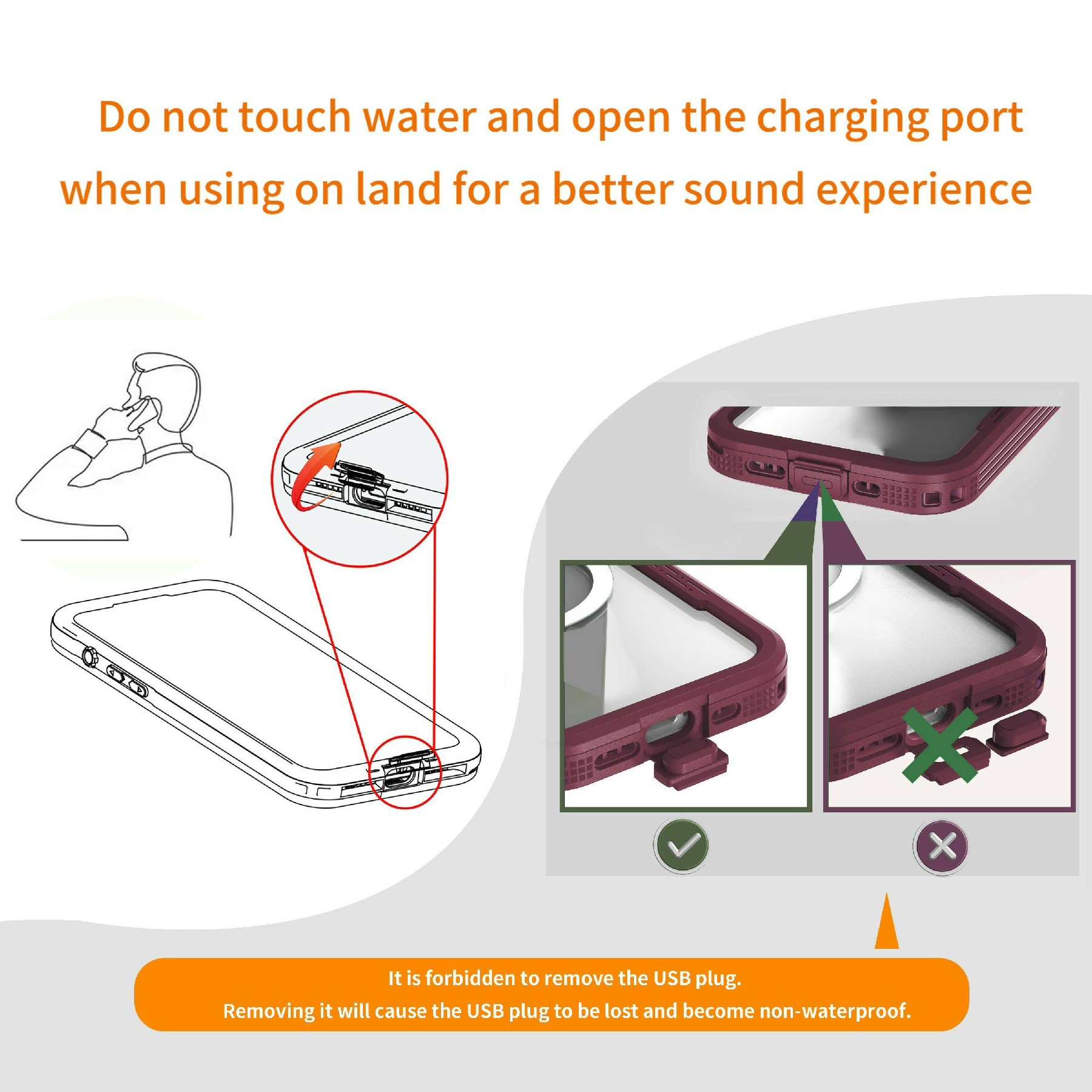 Anleitung zum Smartphone-Wasserschutz: USB-Stecker nicht entfernen.