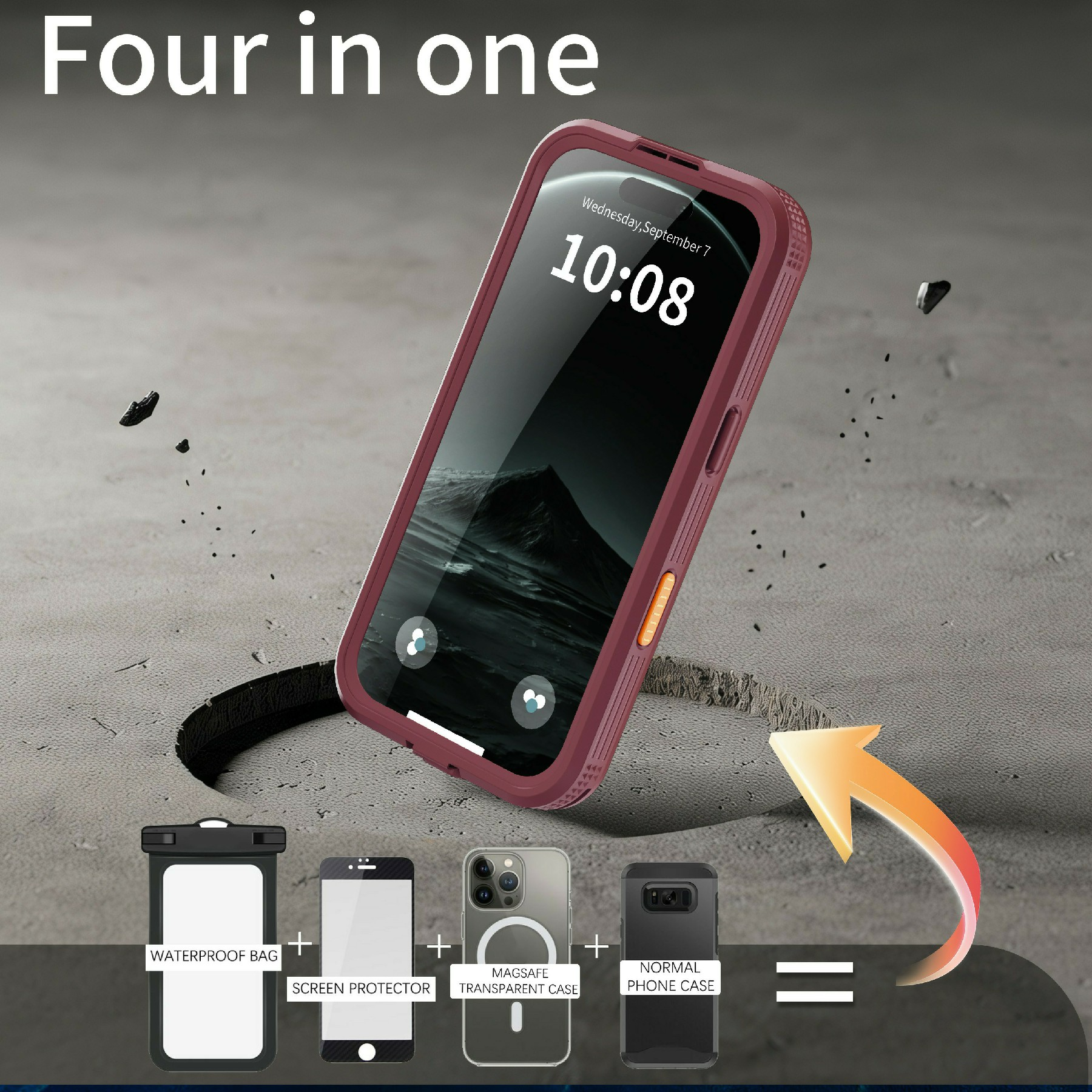 Ein rotbraunes Smartphone mit vier Komponenten dargestellt vor grauem Hintergrund.