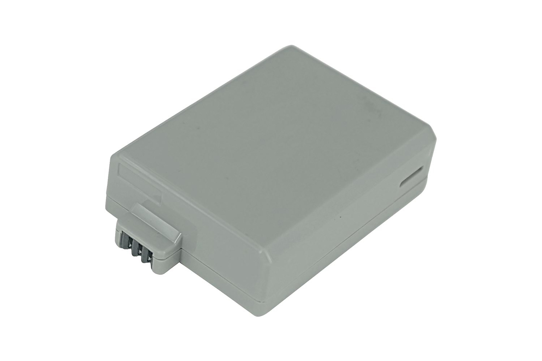 Grauer rechteckiger elektronischer Akku mit Kontakten vorne auf weißem Hintergrund.