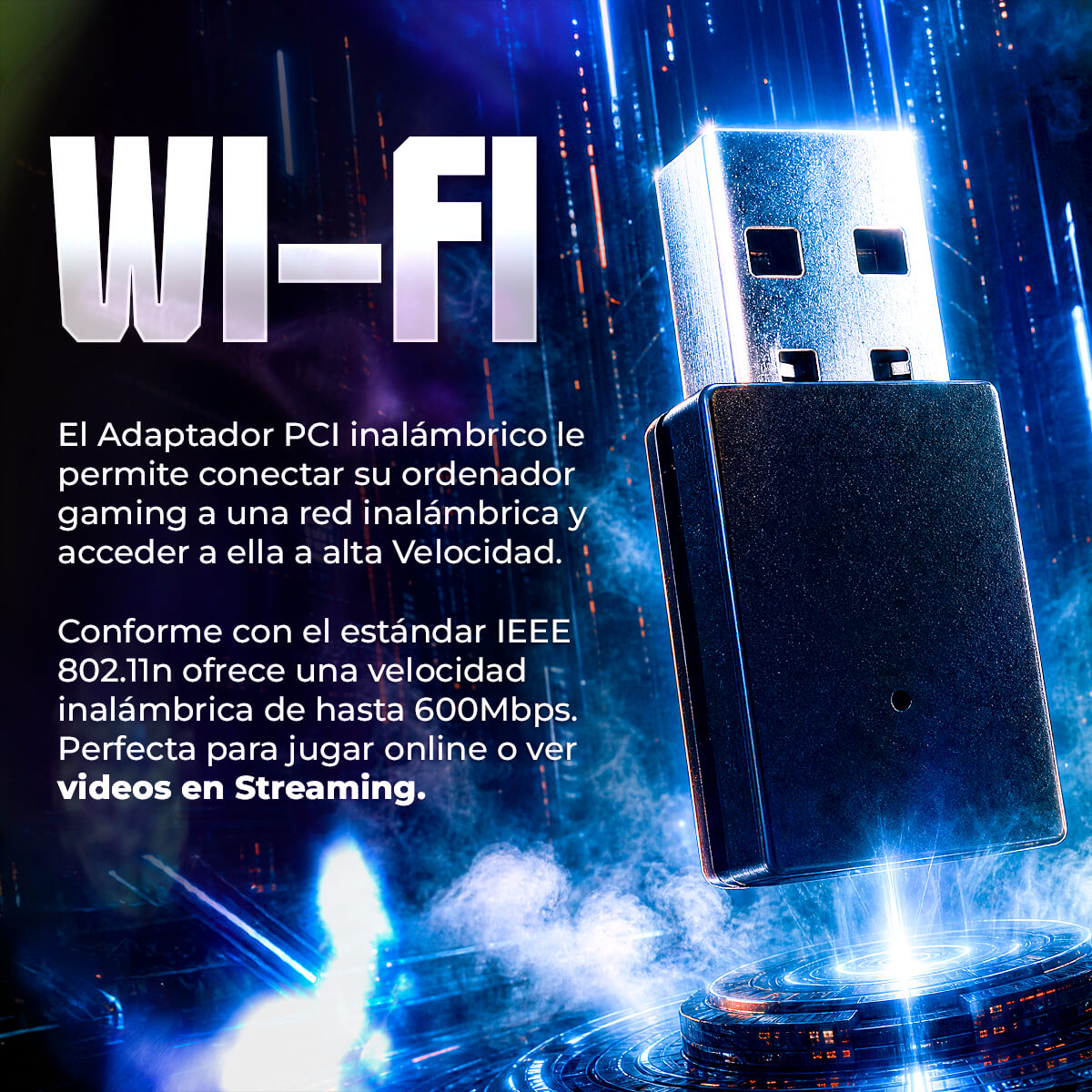 Un adaptador USB Wi-Fi negro sobre un fondo azul con texto.
