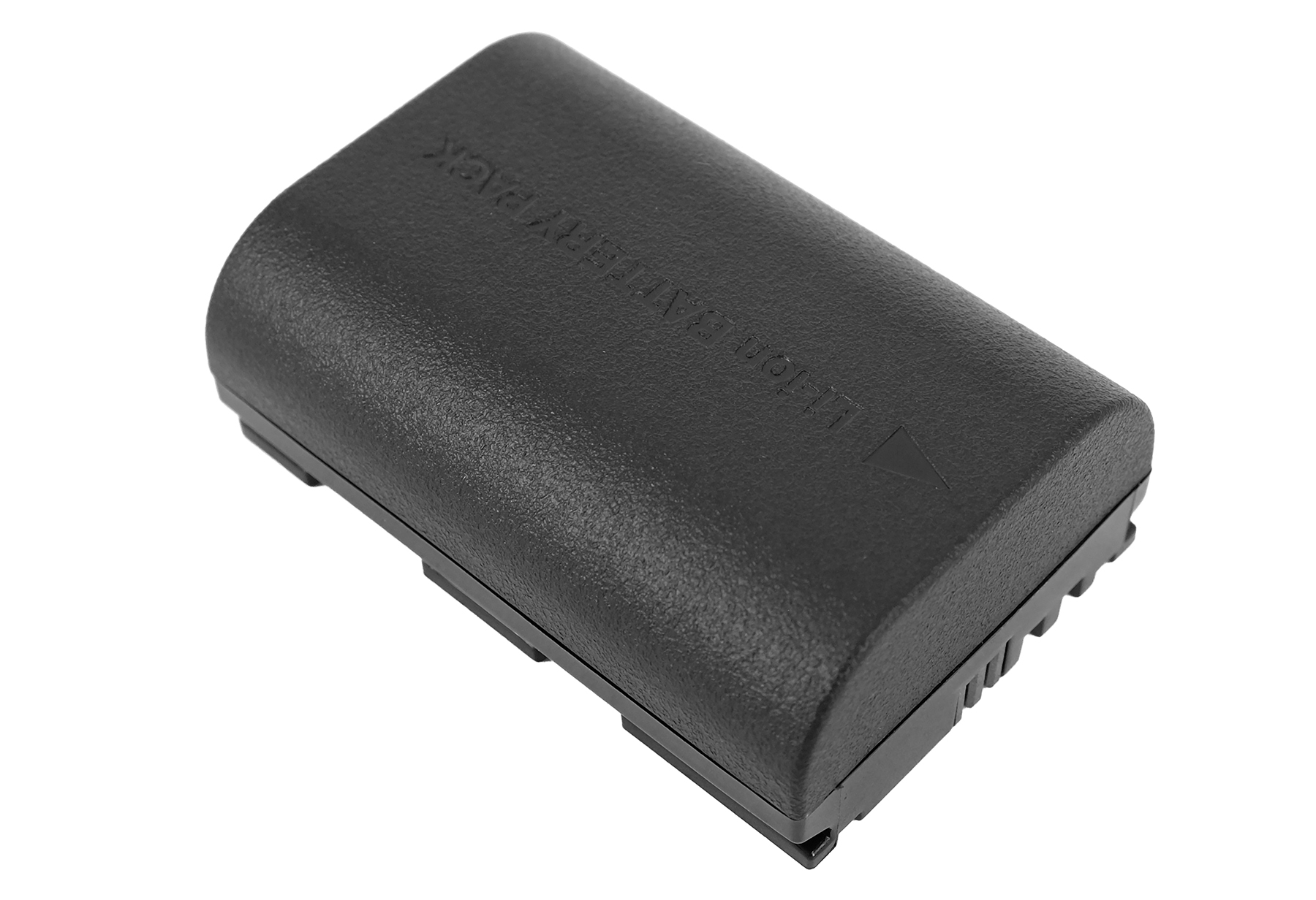Ein schwarzer Lithium-Ionen-Kamerageldakku auf weißem Hintergrund.