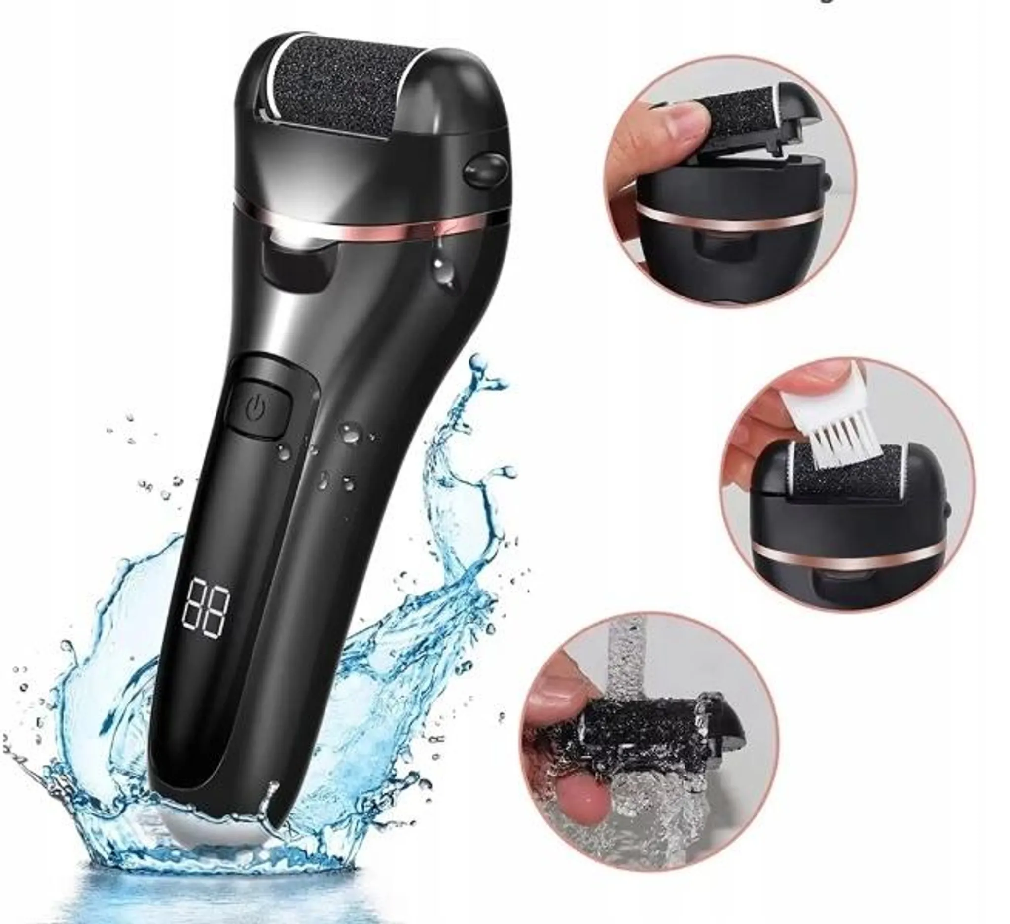 Eine schwarze elektrische Hornfeile mit Wasserspritzern zeigt Rollenwechsel, Reinigung und Abspülen.