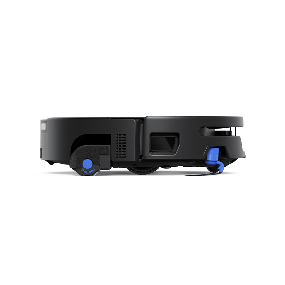 Un robot aspirador negro visto desde el lateral con detalles azules sobre fondo oscuro.