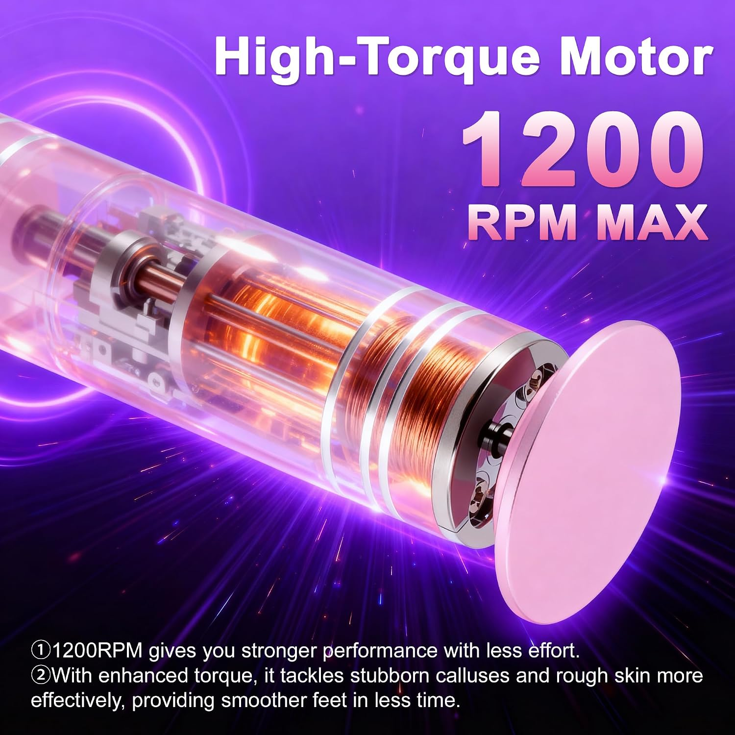 Ein Hochdrehmoment-Motor mit 1200 RPM Max für die Fußpflege vor lila Hintergrund.