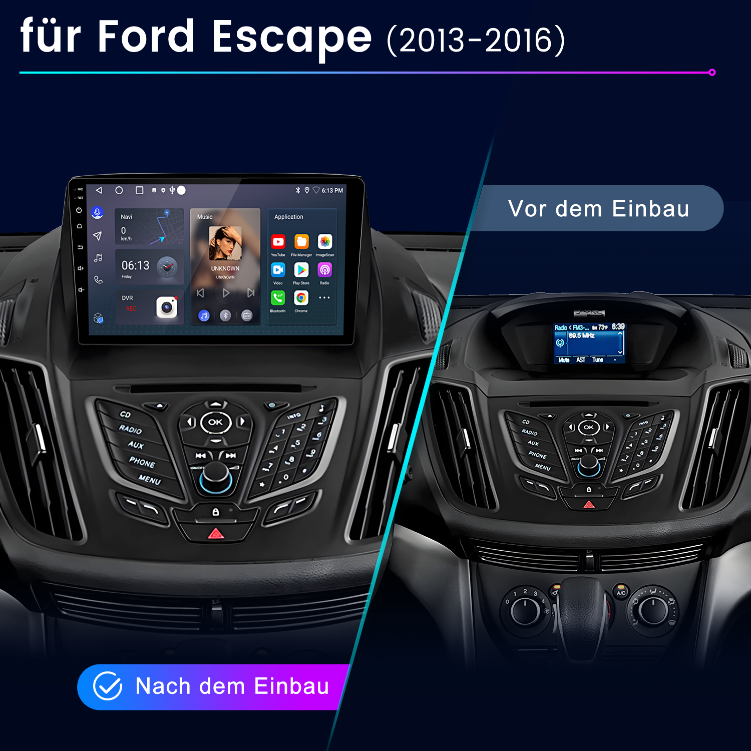 Vergleich der Ford Escape Mittelkonsole vor und nach dem Einbau eines neuen Infotainment-Bildschirms.