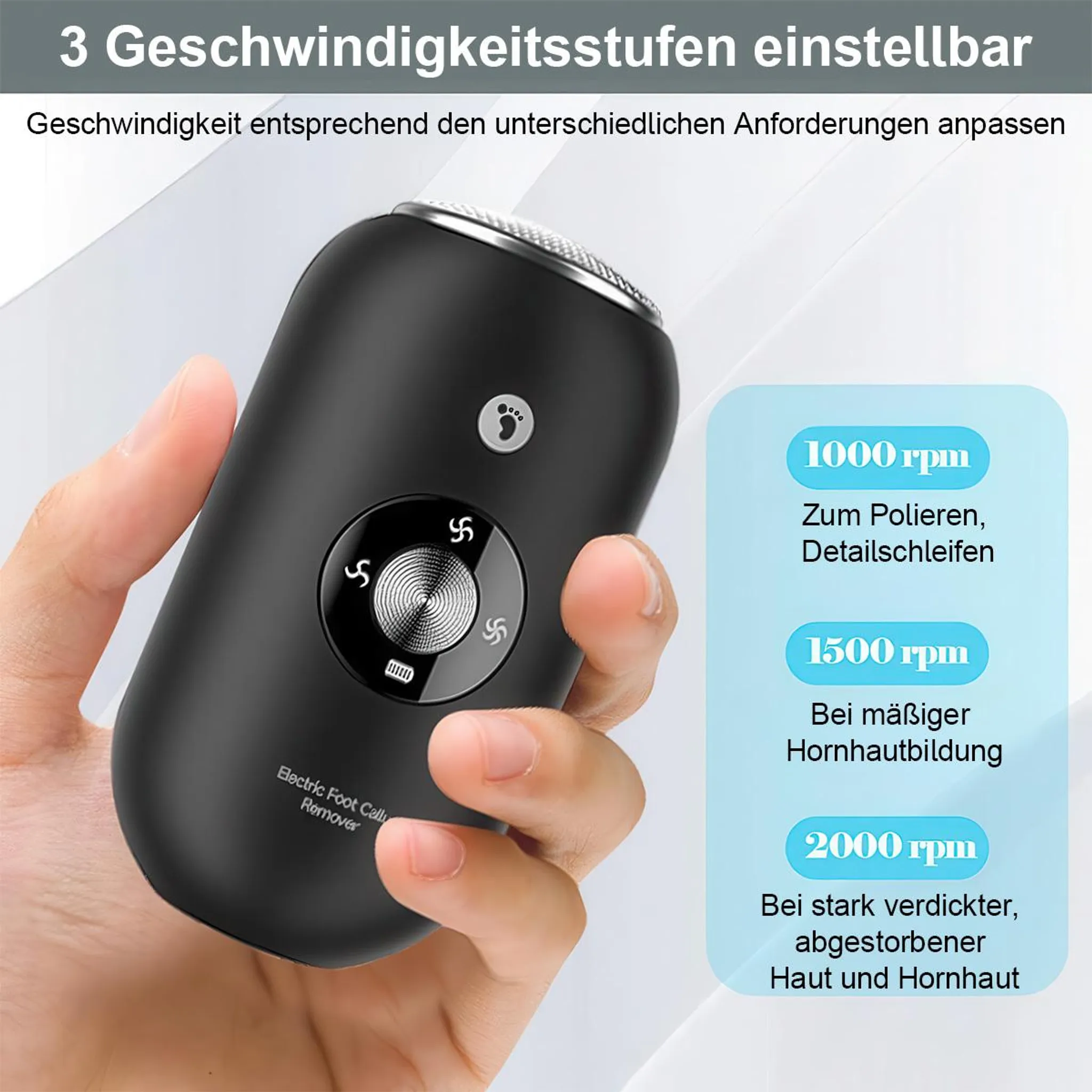 Hand hält schwarzen elektrischen Hornhautentferner mit drei Geschwindigkeitsstufen.