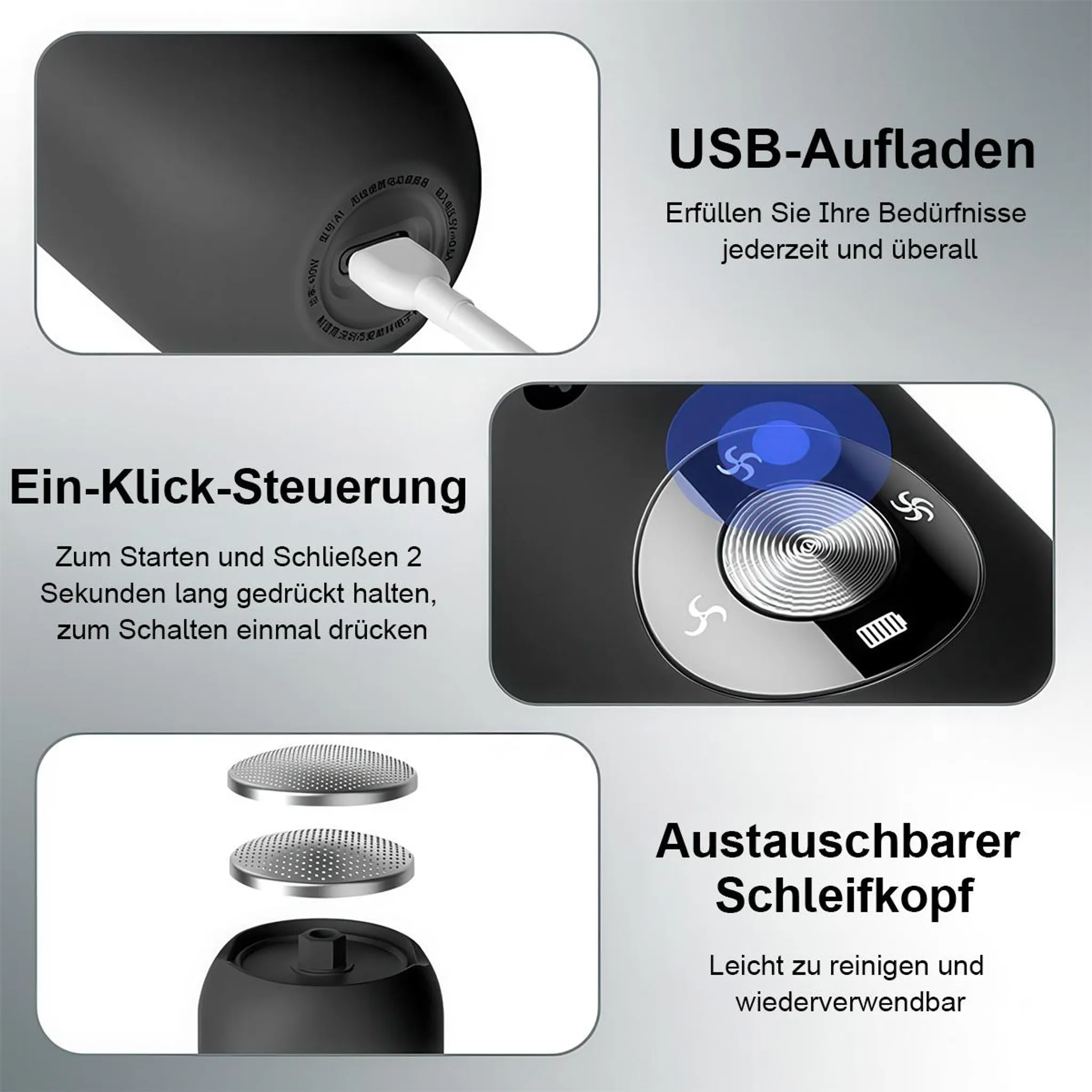 Produktinfografik mit USB-Aufladung, Ein-Klick-Steuerung und austauschbarem Schleifkopf.