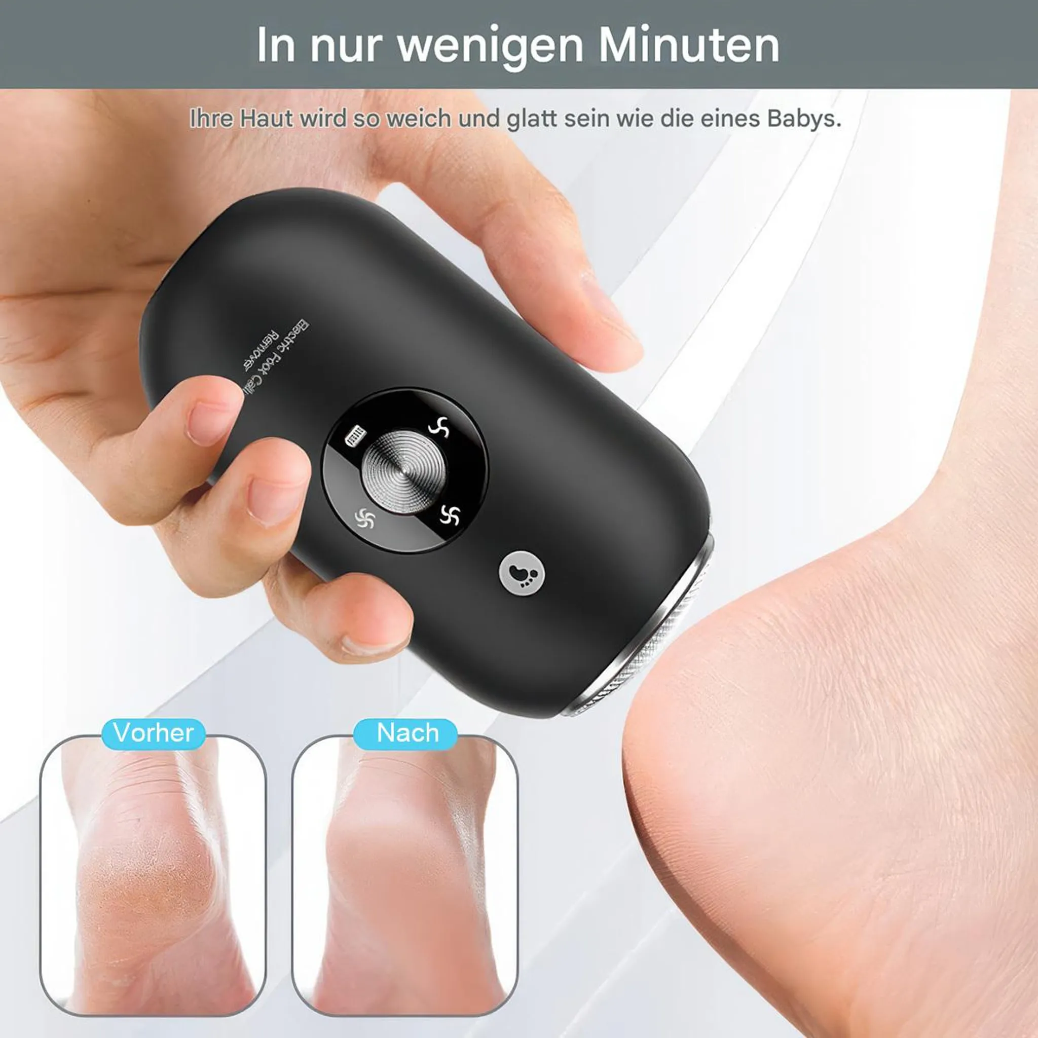 Hand hält ein schwarzes elektrisches Fußpflegegerät über einer Ferse, mit Vorher-Nachher-Vergleich der Haut.